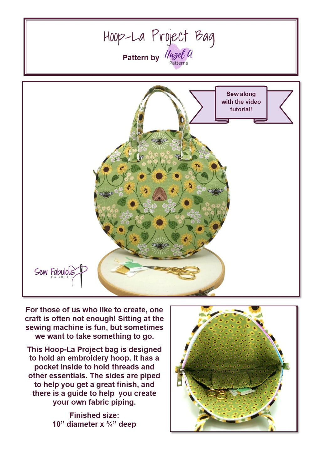 Sewing pattern for a Hoop-La Project Bag with green floral design on a white background.
