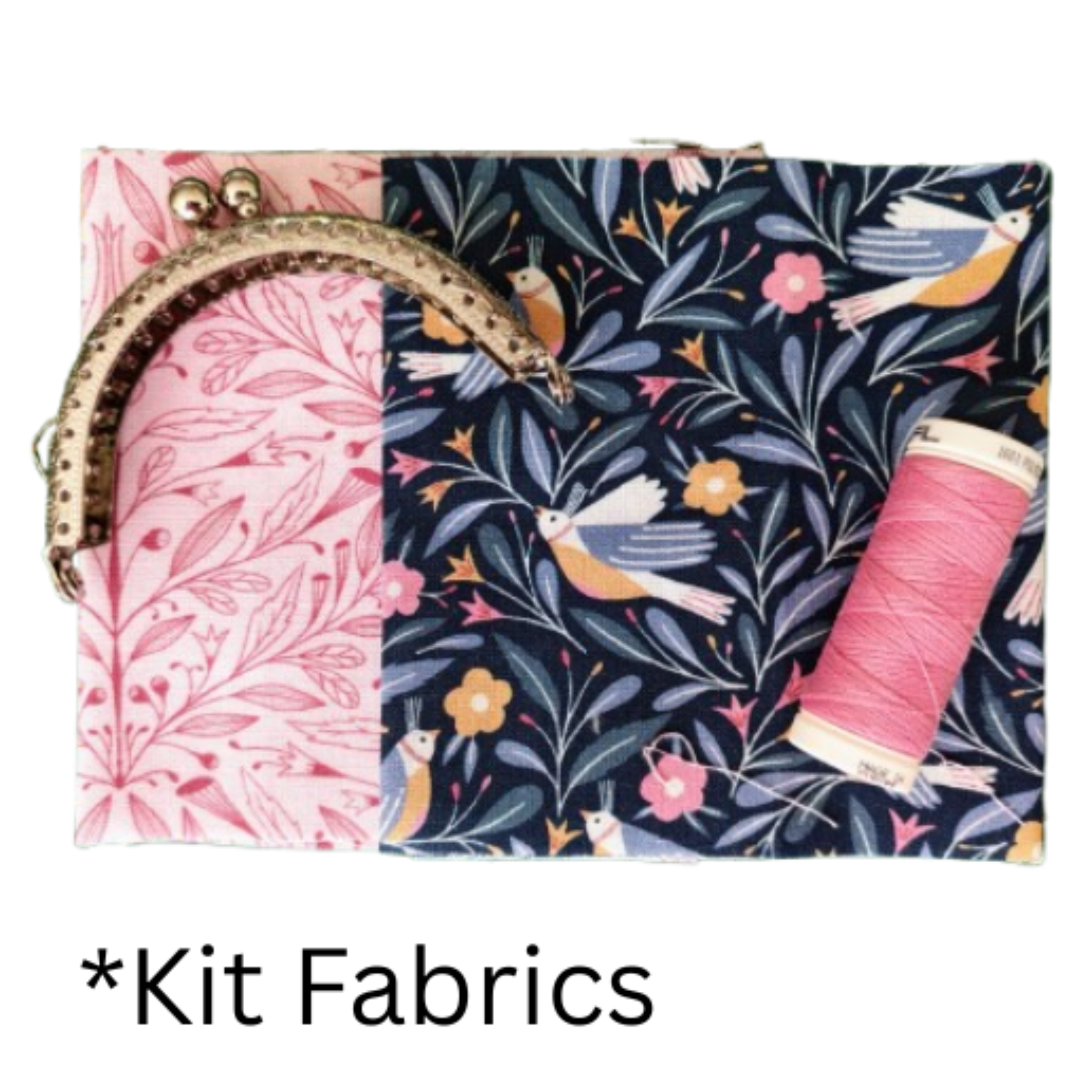 Two fabric swatches for a sewing kit, one with a pink floral pattern and the other with a navy blue bird and leaf pattern, shown with a spool of pink thread and a metal kiss-lock clasp on a white background with the text '*Kit Fabrics' below.