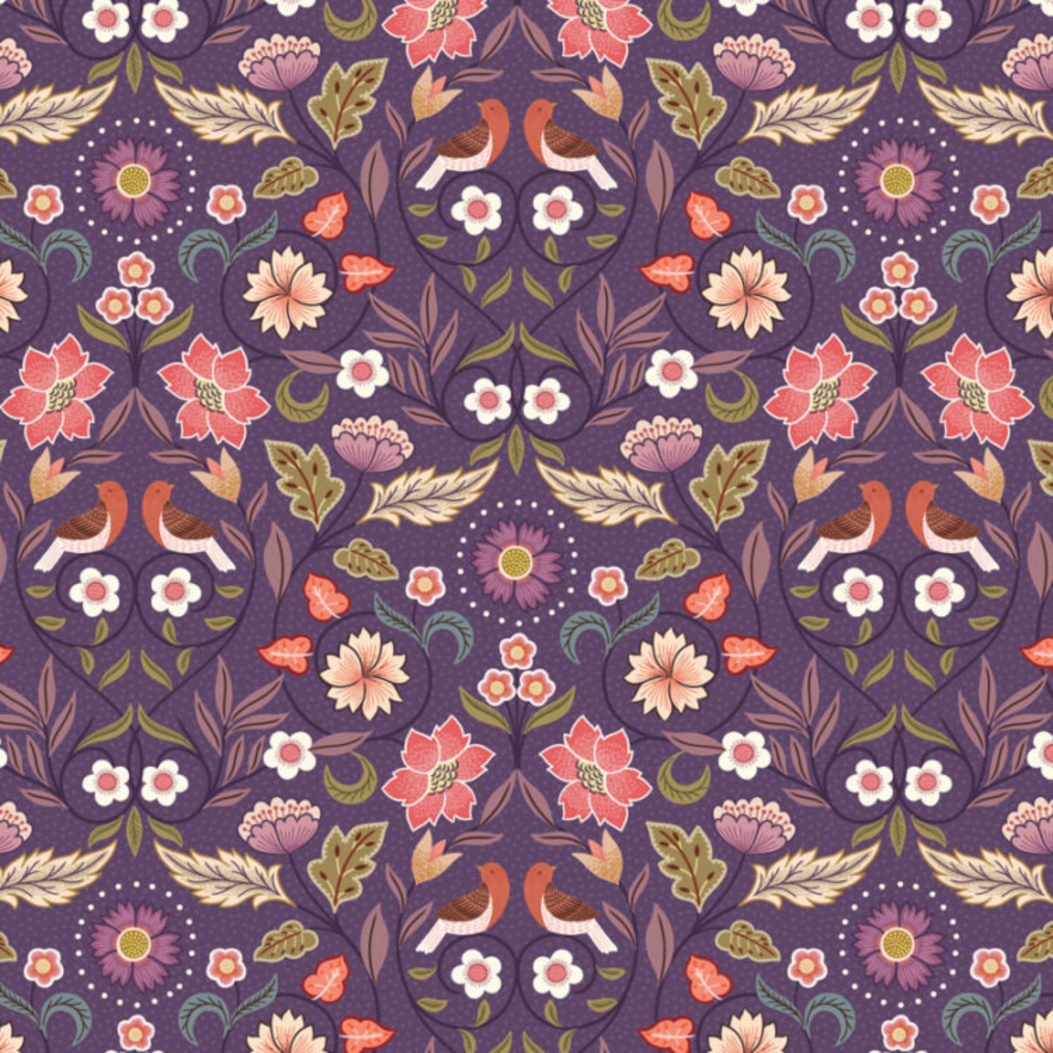 Pattern of birds and flowers on a purple background