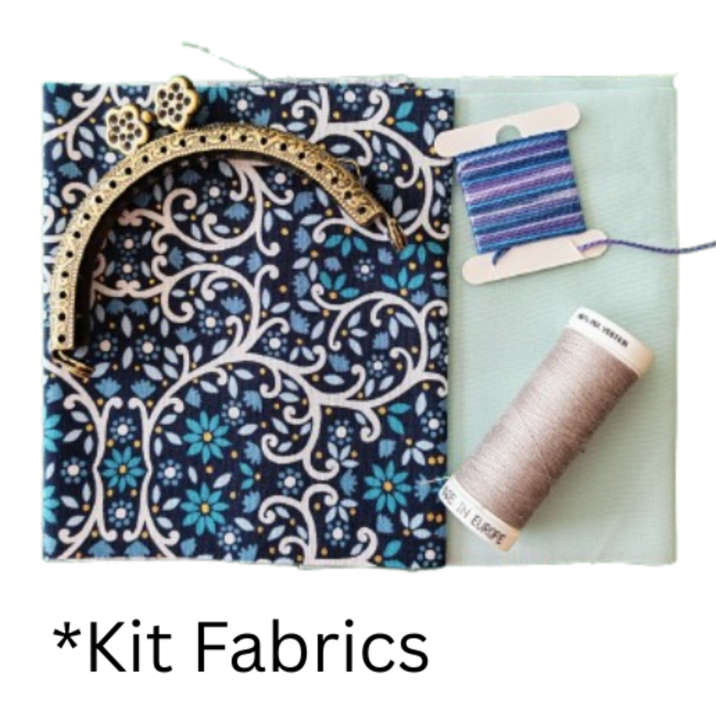 Two fabric pieces for a sewing kit. One fabric has a navy blue floral pattern with white and light blue details, and features a gold metal purse frame.