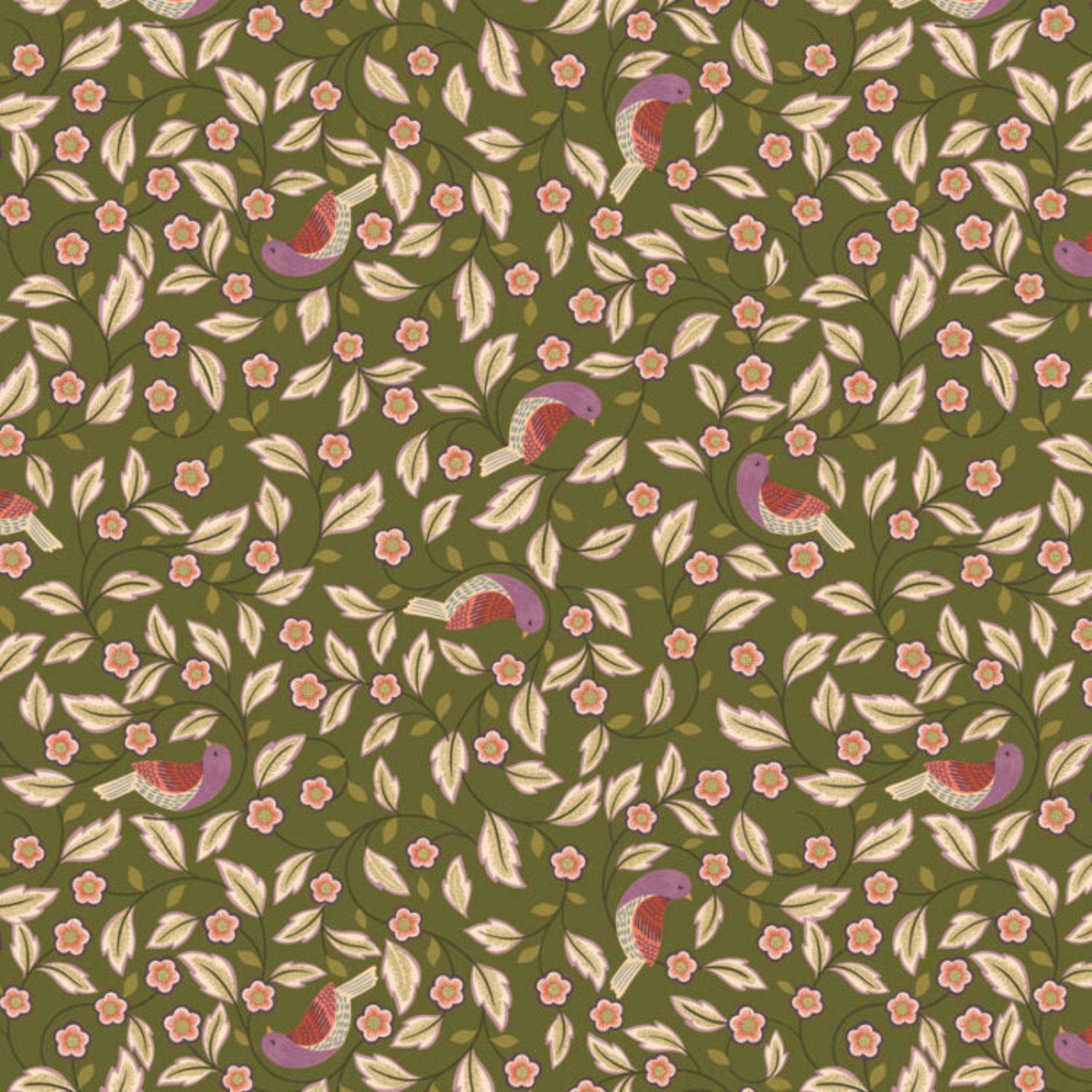 Pattern of birds and flowers on a green background