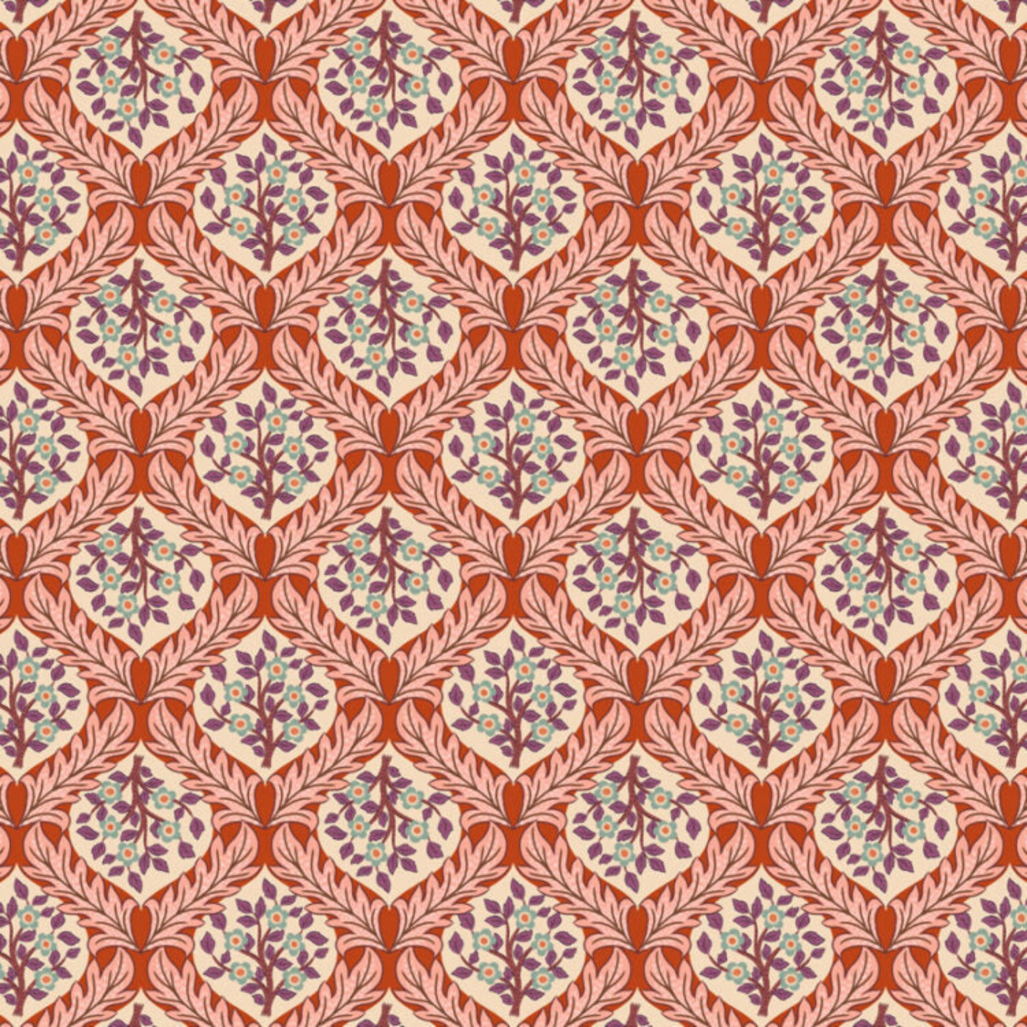 Patterned fabric with red and purple floral design on a terracotta background