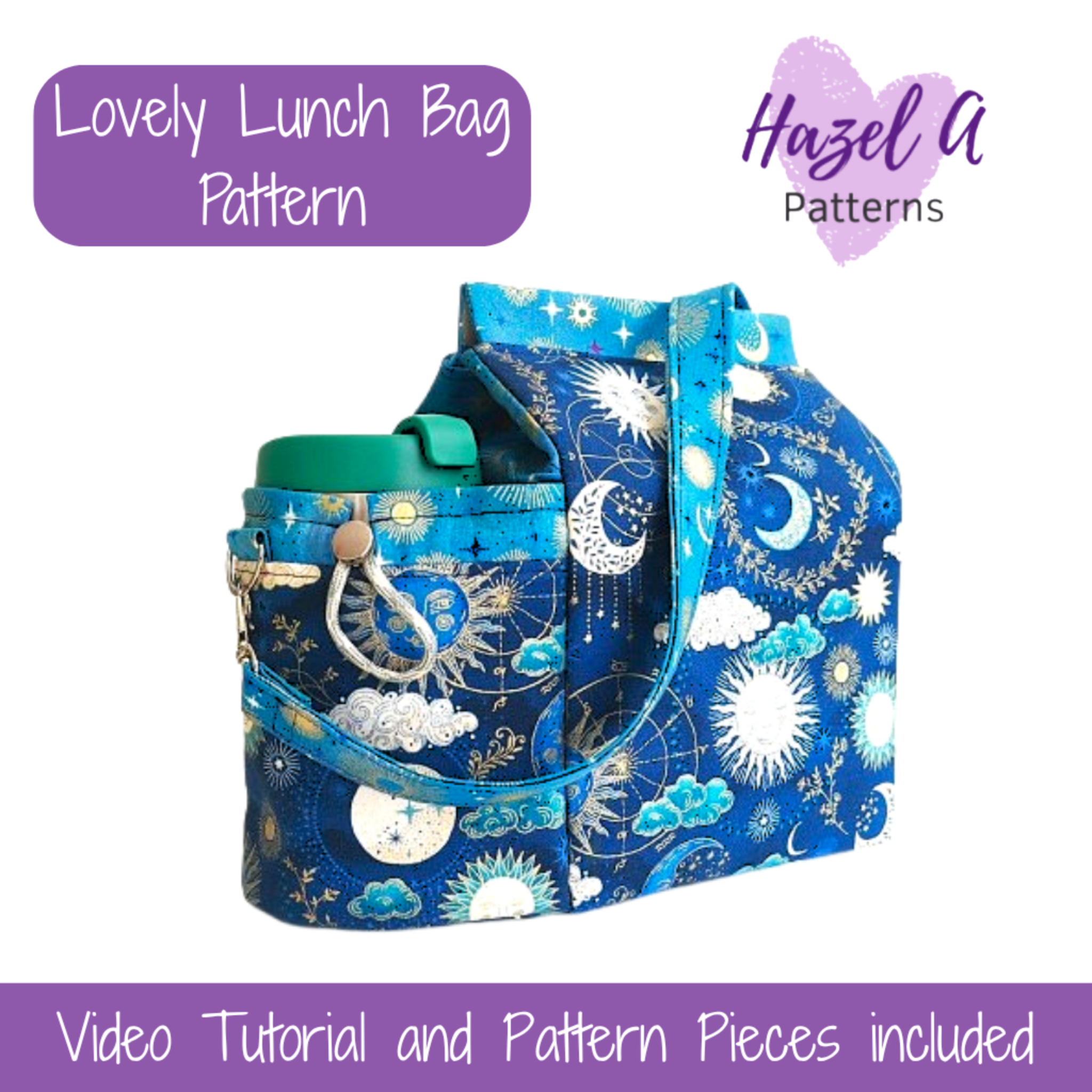 Blue patterned lunch bag with matching thermos on a white background, featuring Hazel A Patterns branding.
