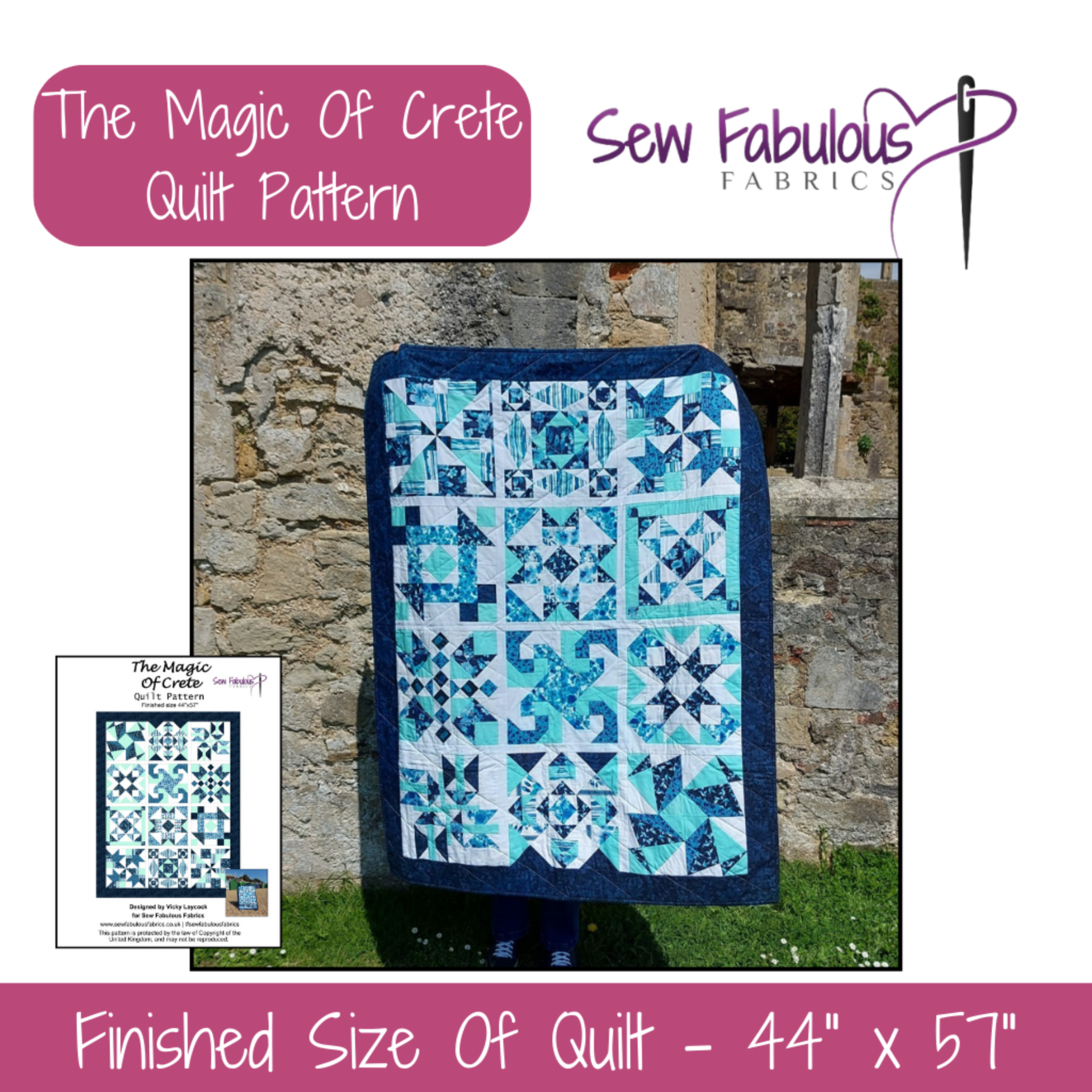 Quilt with blue and white pattern displayed against a stone wall, featuring 'Sew Fabulous Fabrics' branding.
