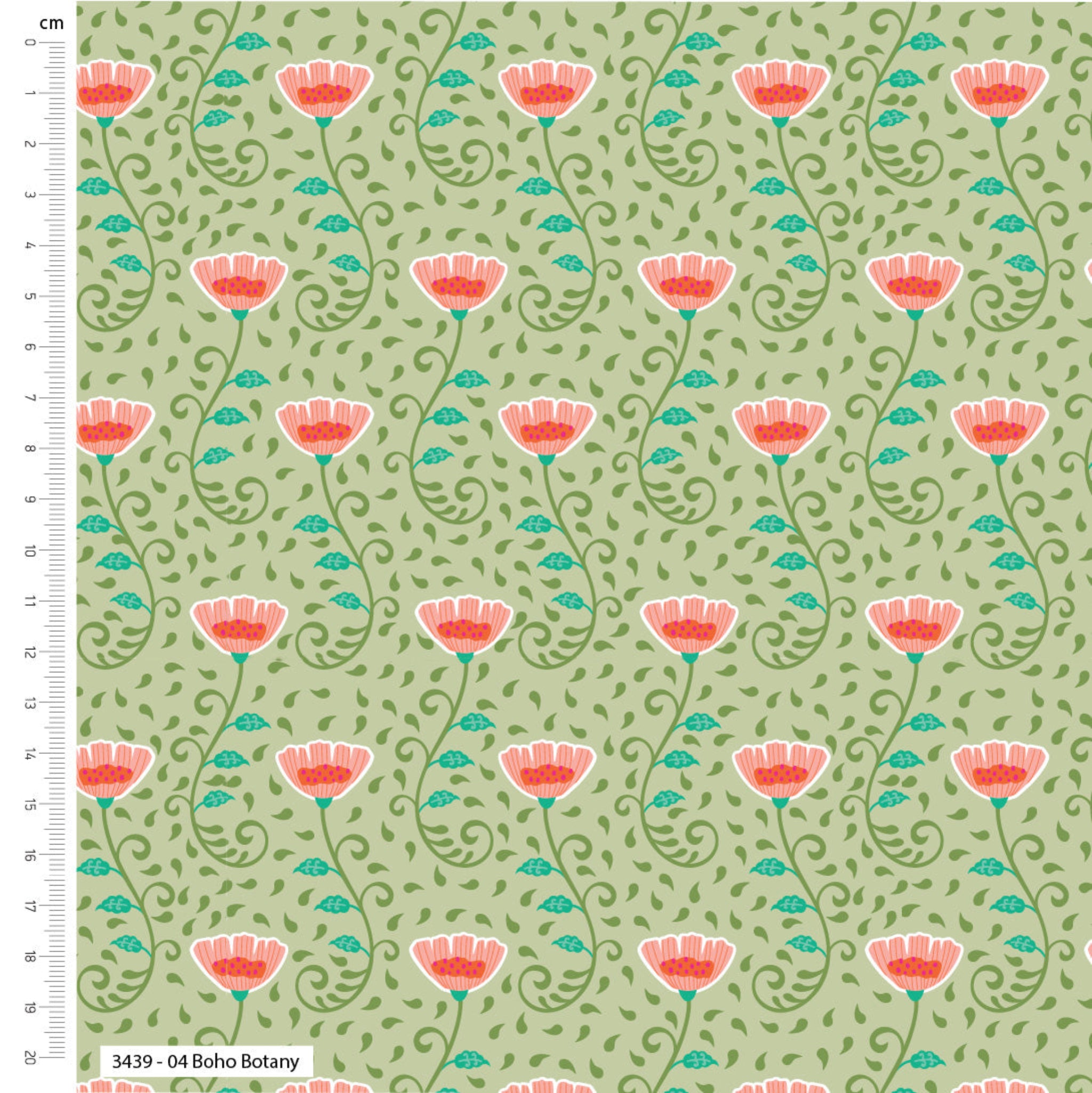 Patterned fabric with coral flowers and green leaves on a light green background, with a ruler for scale. 100% cotton fabric.