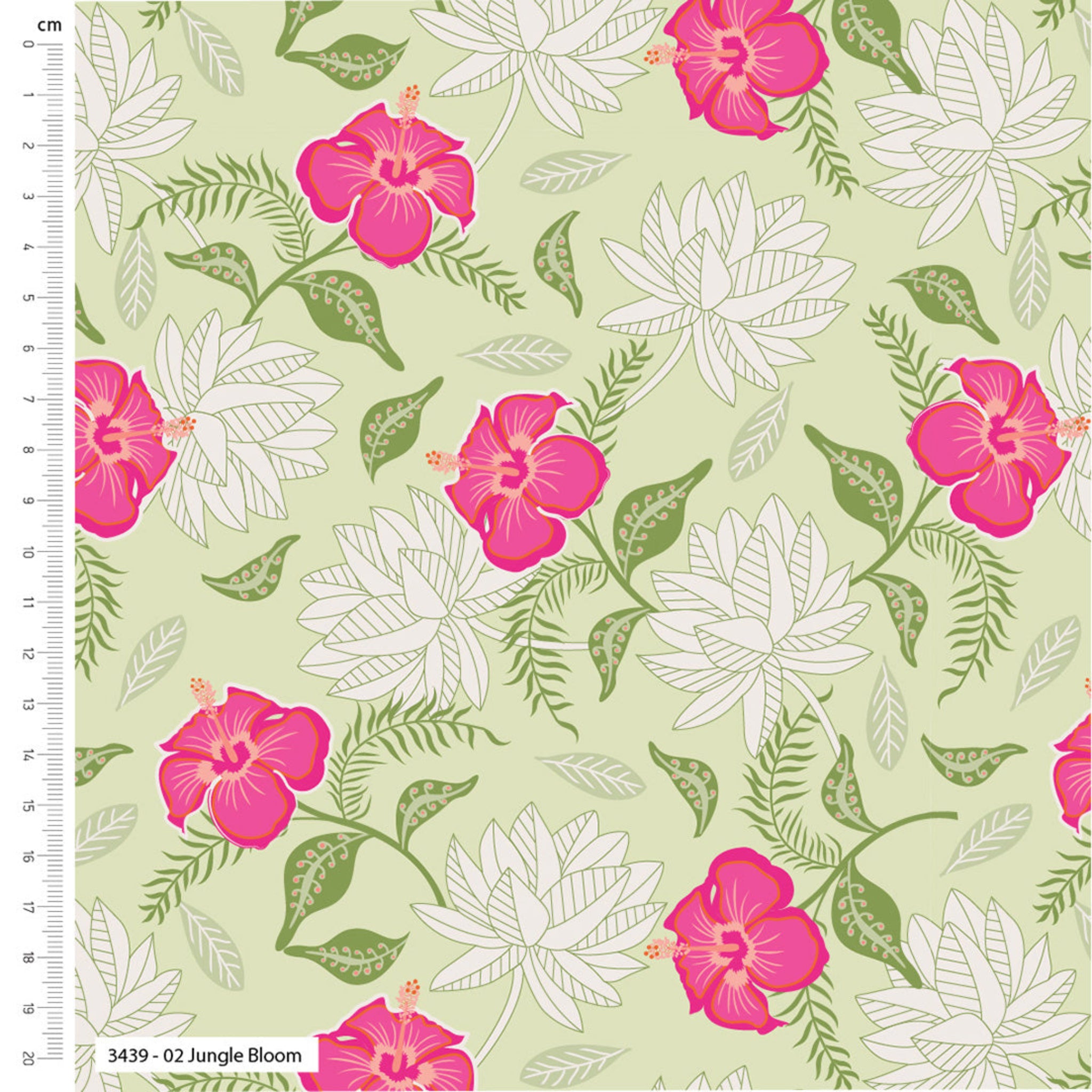 Floral pattern with pink and white flowers on a light green background. 100% cotton fabric.
