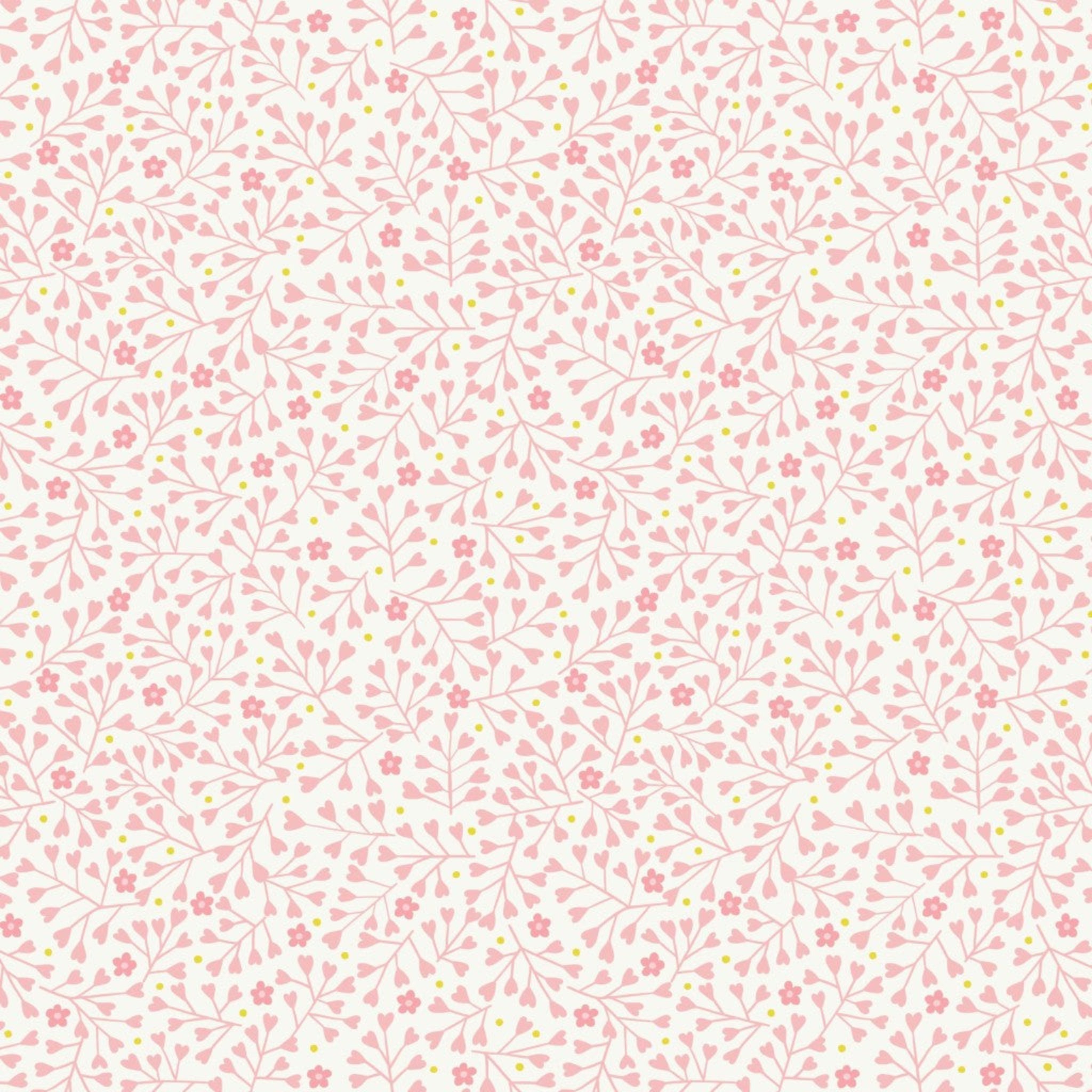 Floral pattern with pink flowers and tiny hearts on a cream background