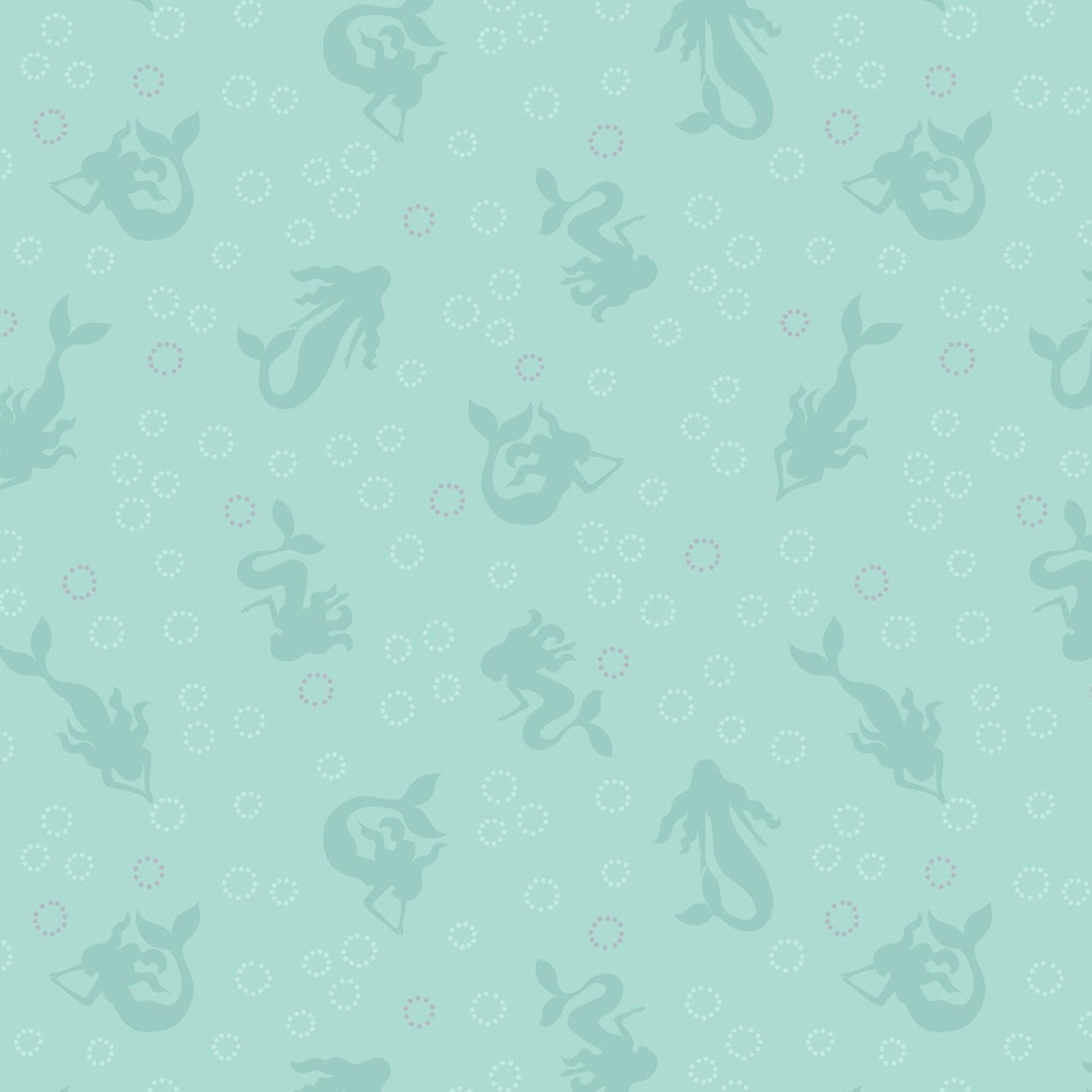 Pattern of mermaid tails and flowers on a light aqua background