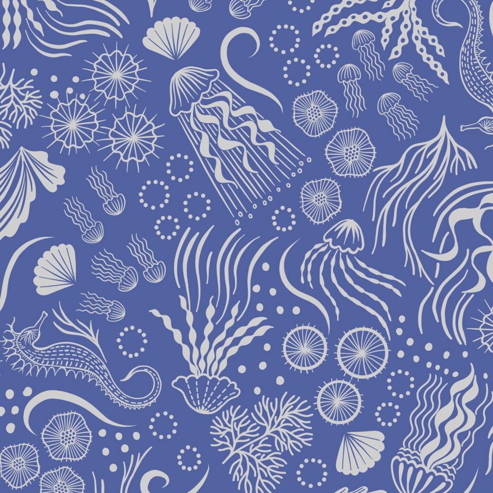 Underwater pattern with silver sea creatures on a blue background
