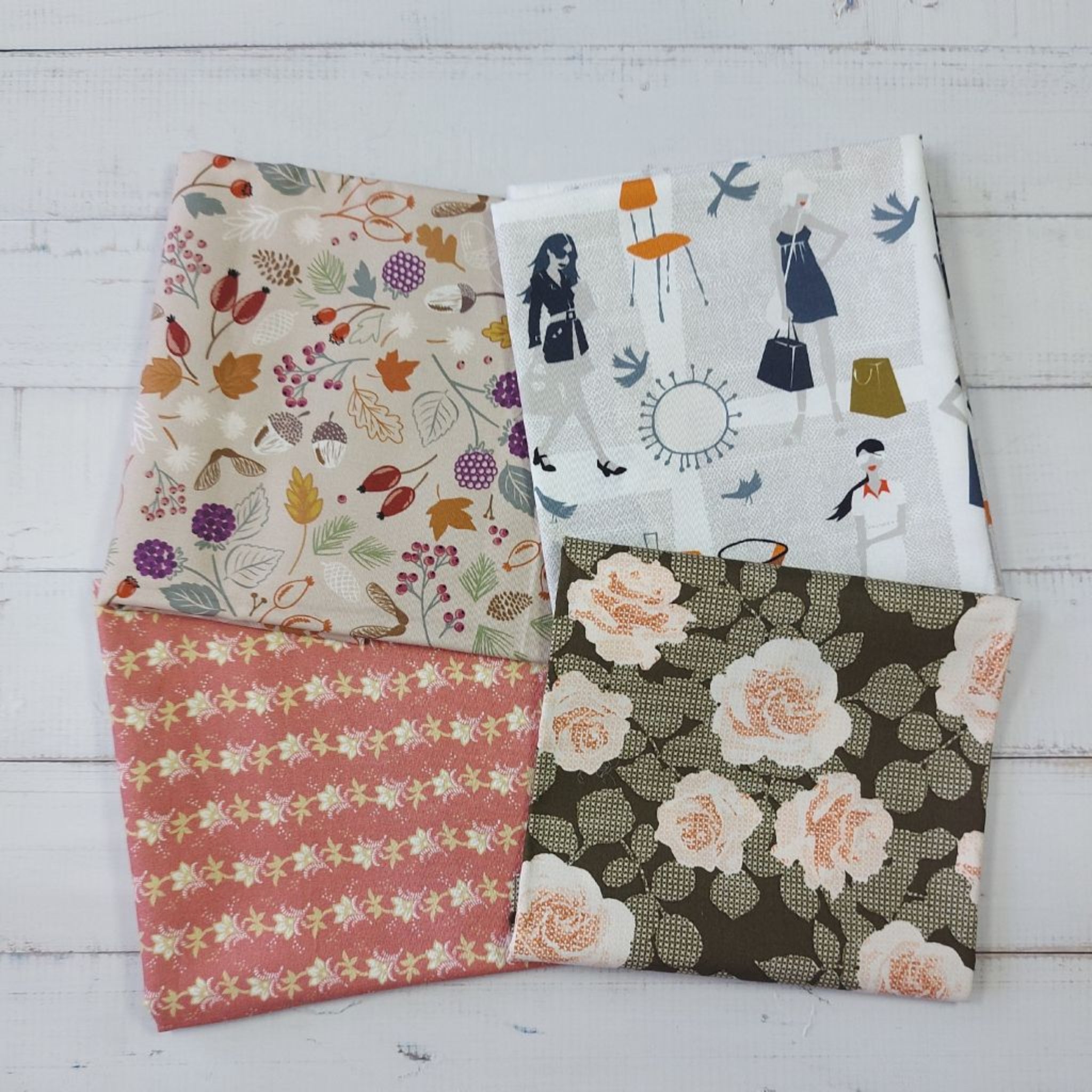 Four fabric swatches with different patterns 