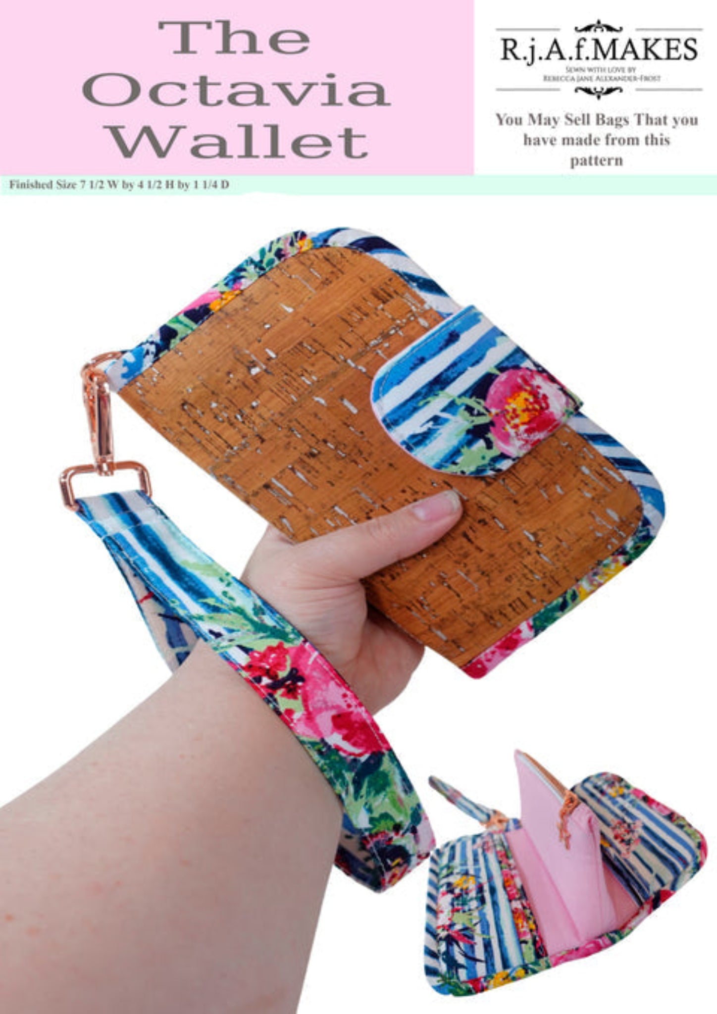 A hand holds a cork wallet with a colorful floral and striped fabric strap and trim. The image includes printed text at the top reading 'The Octavia Wallet' 