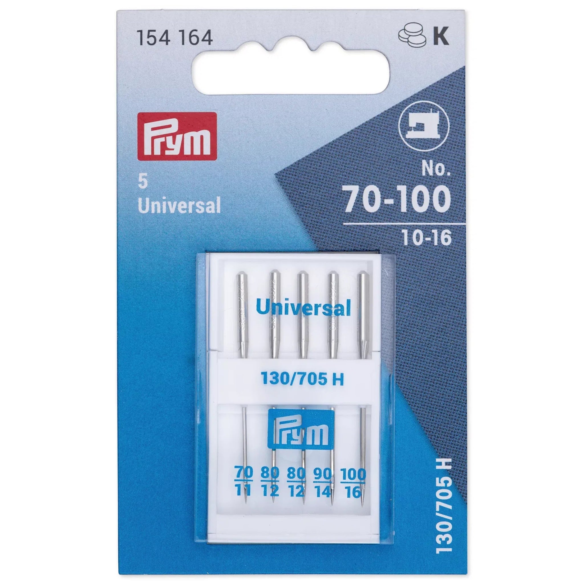 Prym needle package with five universal needles on a blue background