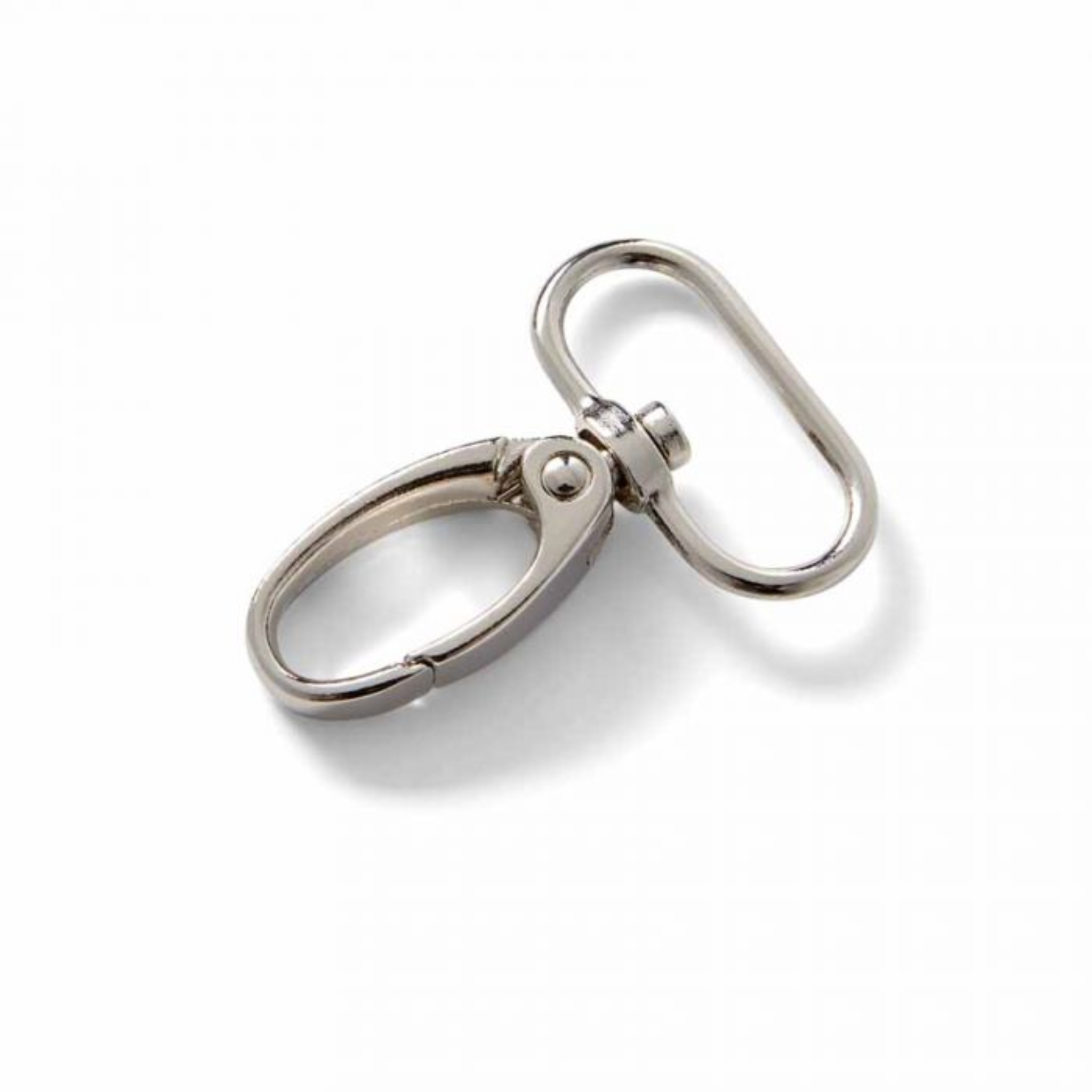 A close-up of a silver metal carabiner clip.