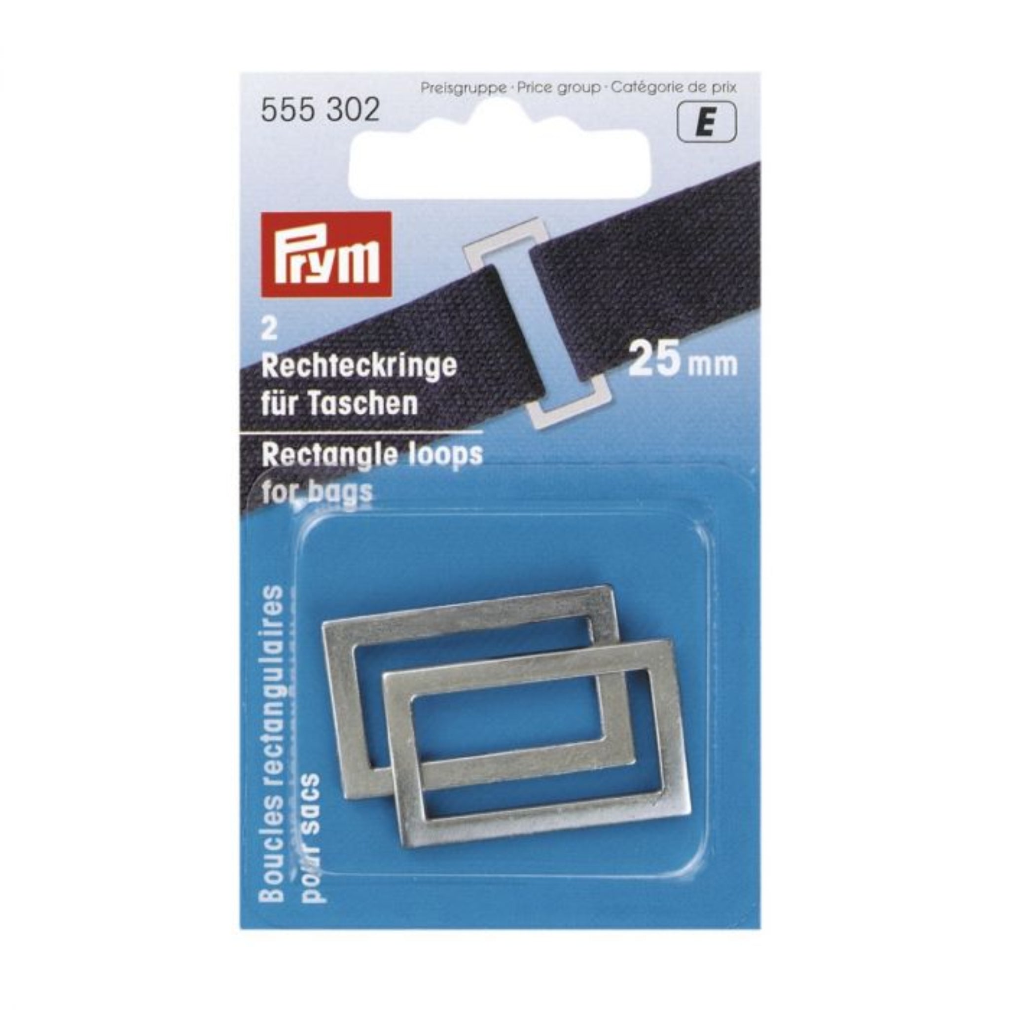 Pack of two silver metal rectangle loops for bags, 25mm size, in a blue and white blister pack with the Prym brand logo.