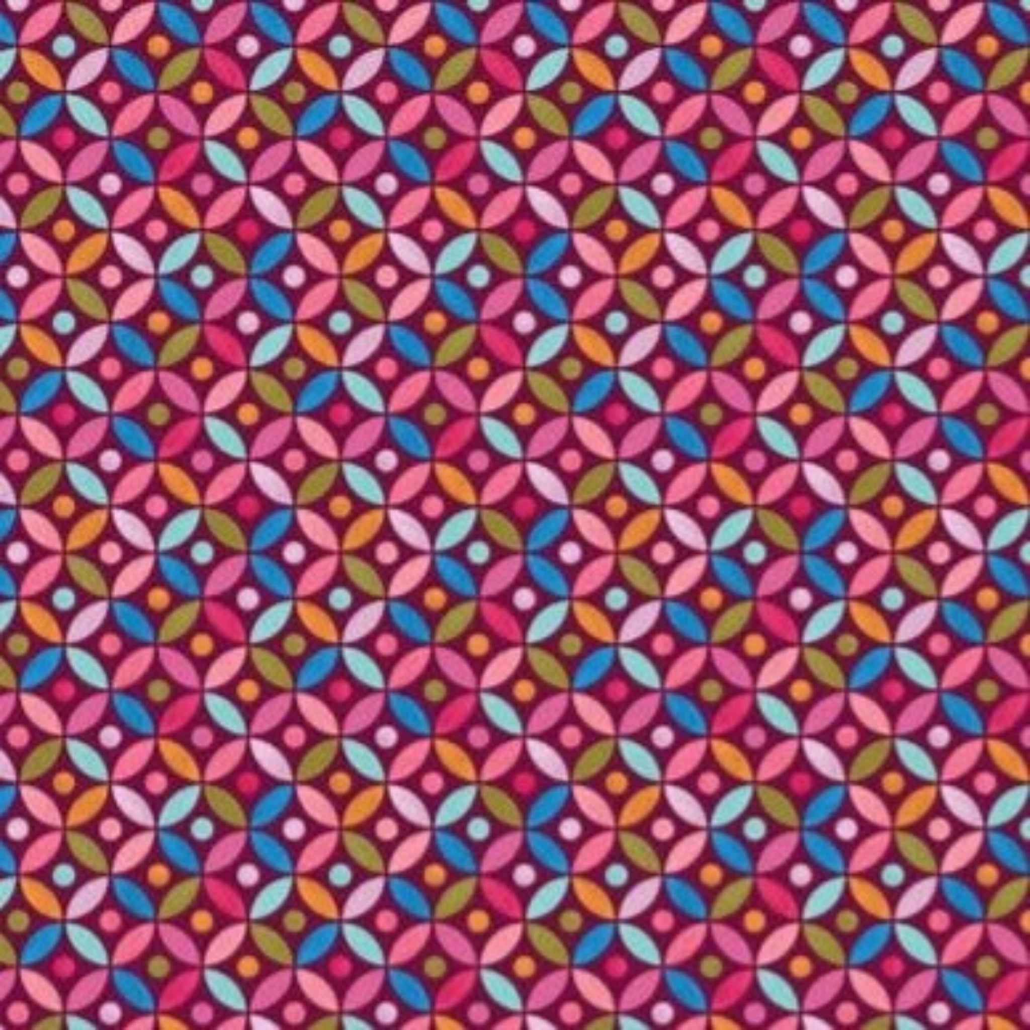 Patterned fabric with colorful geometric design on a wine