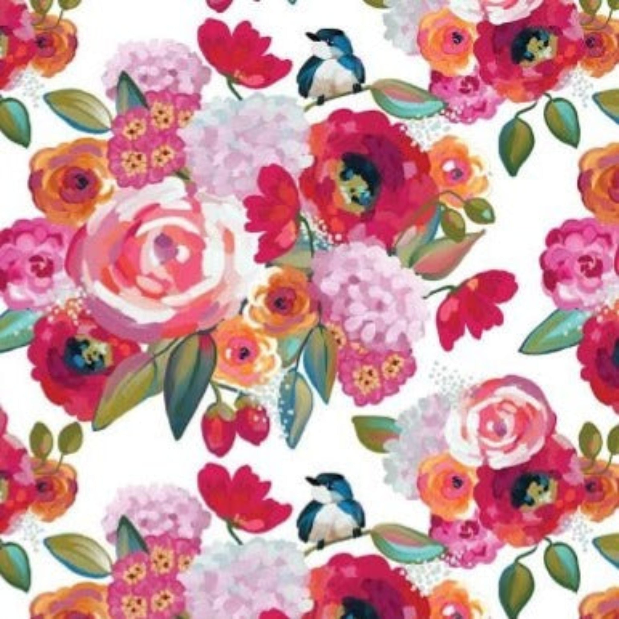 Colorful floral pattern with various flowers and birds on a white background