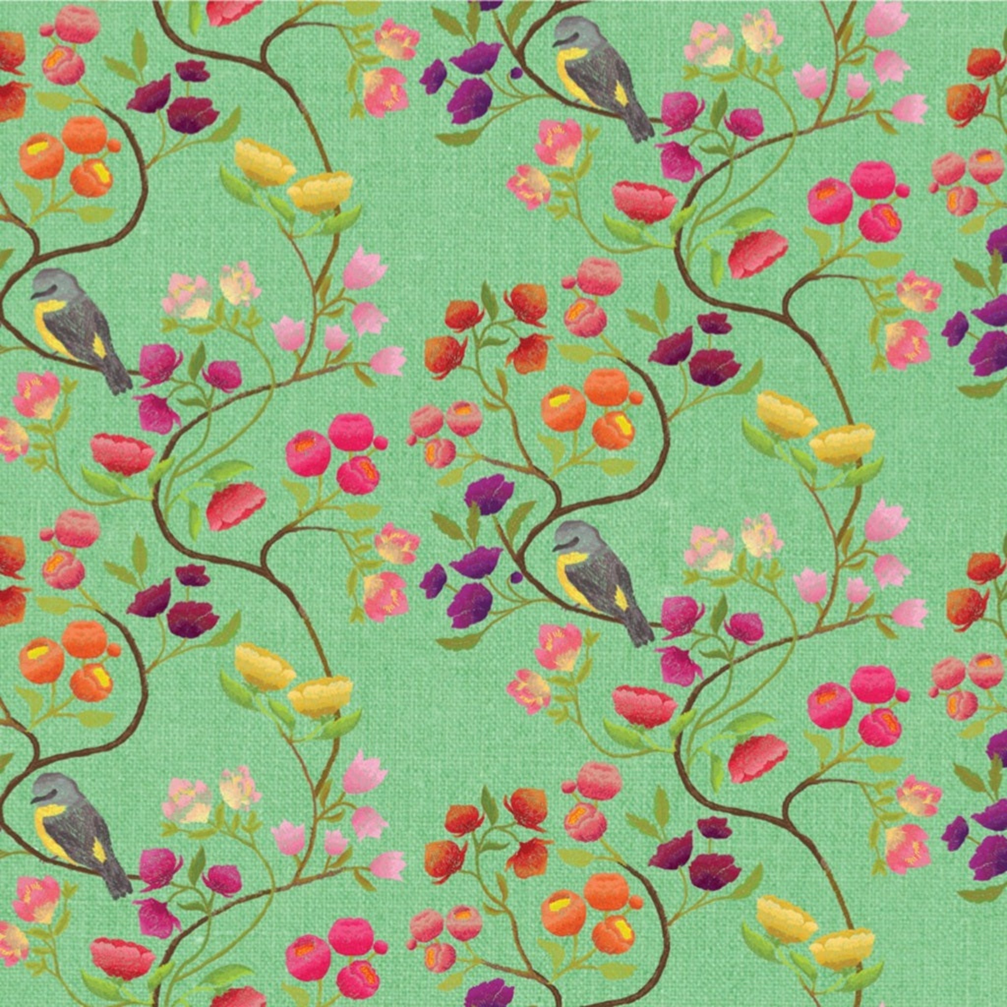 Pattern of birds and flowers on a green background. 100% cotton fabric.