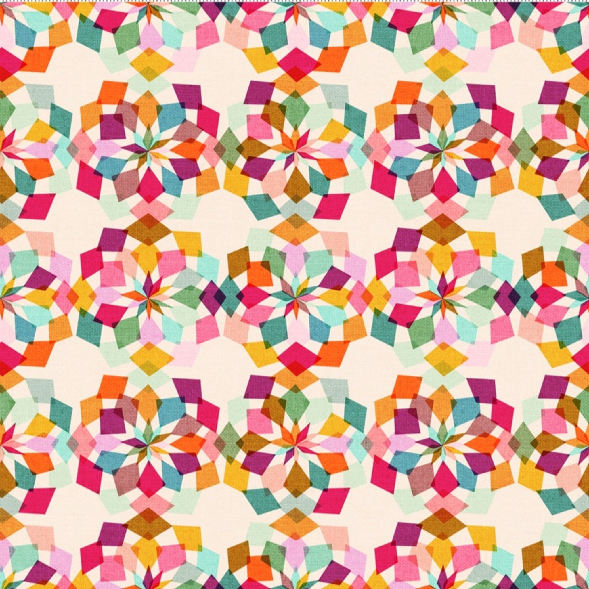 Colorful geometric pattern on a cream background. 100% cotton fabric.