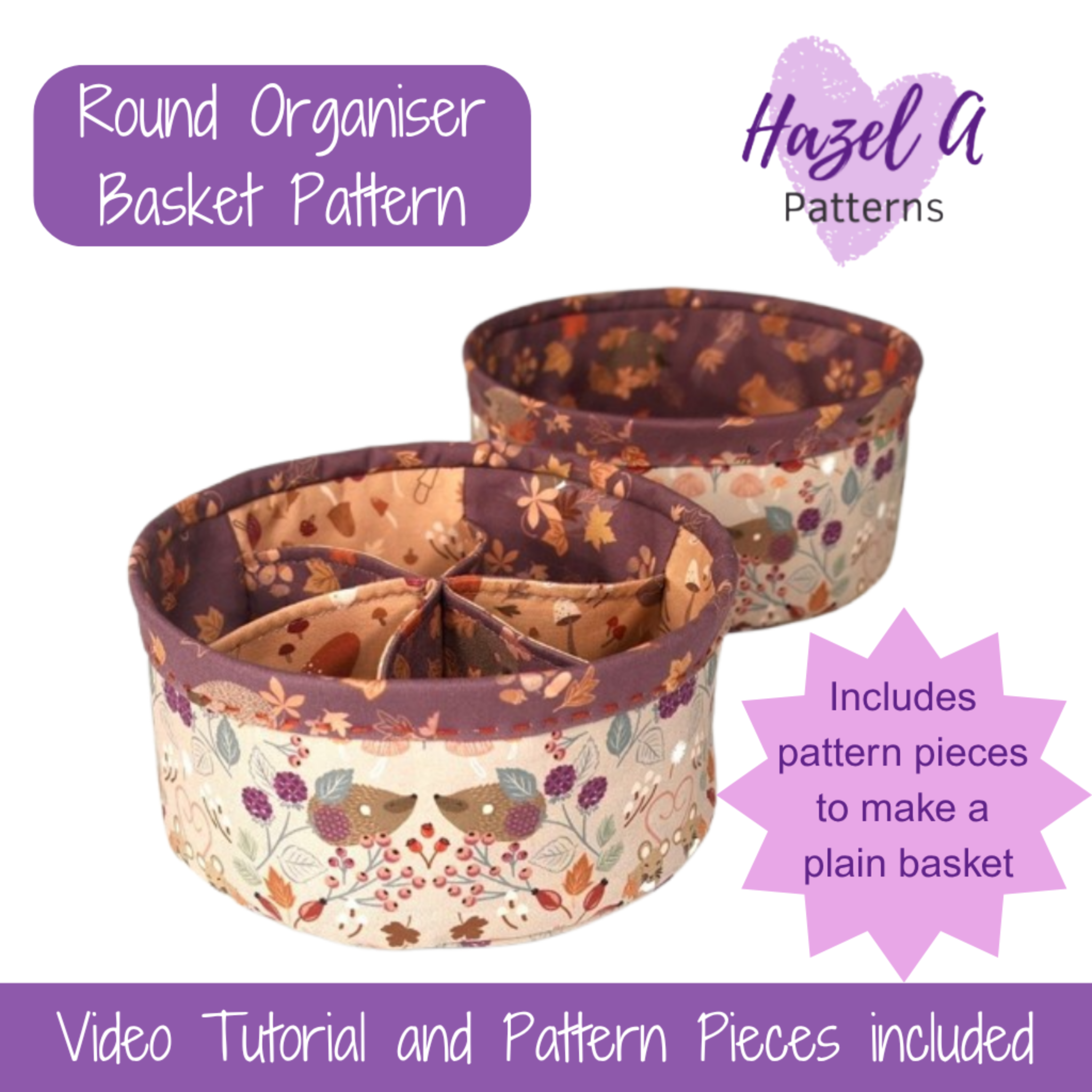 Round organizer basket pattern with floral design on a white background, featuring Hazel A Patterns branding.