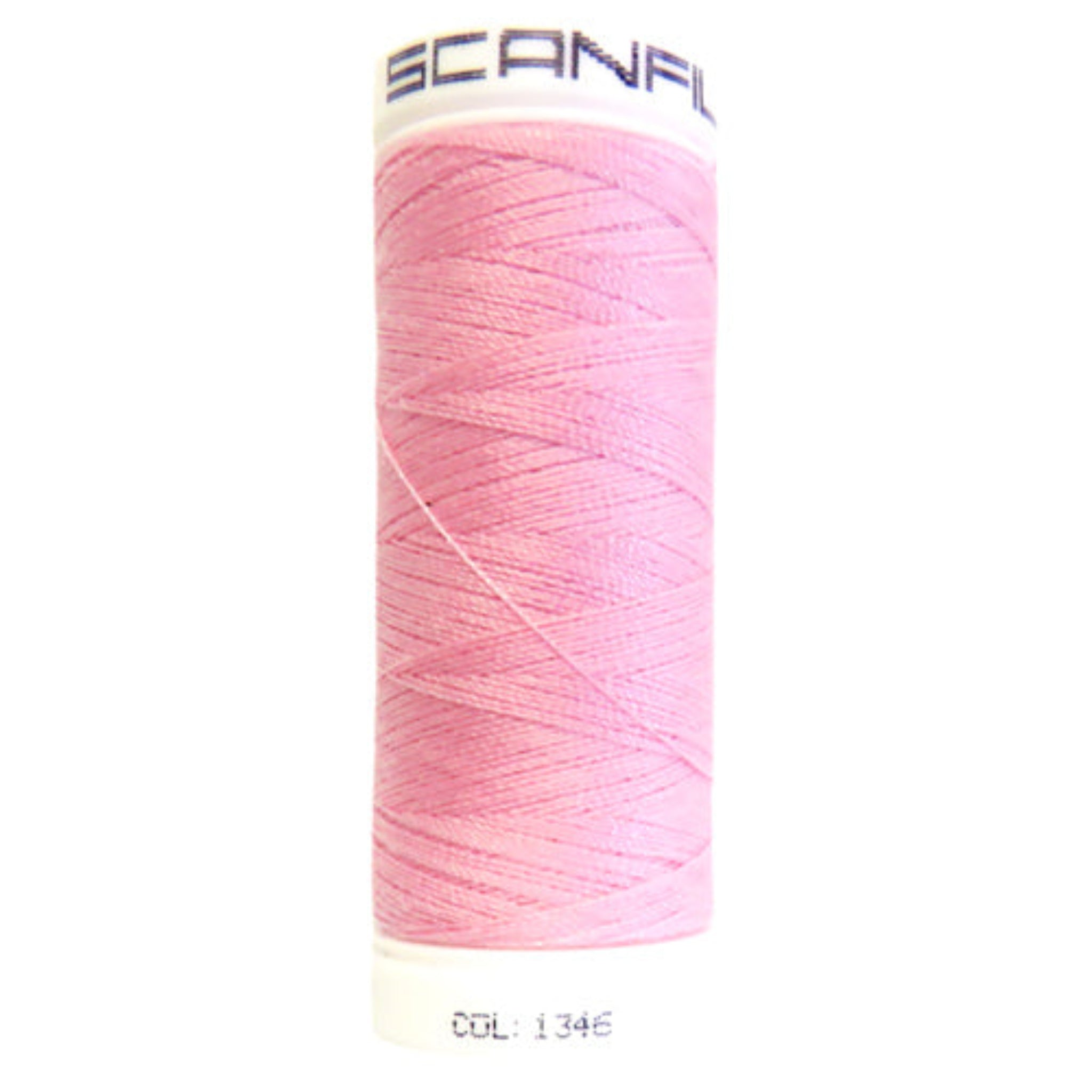 Pink spool of thread with 'Scanfil' branding on a white background