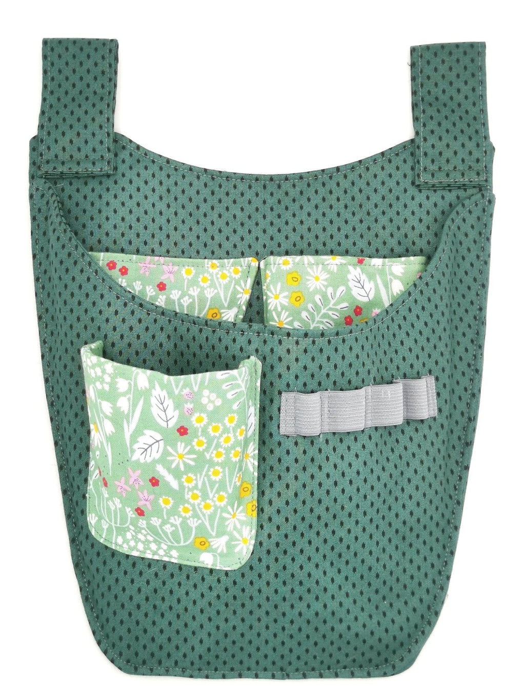 Green Sew and Sow Pouch with floral pockets on a white background