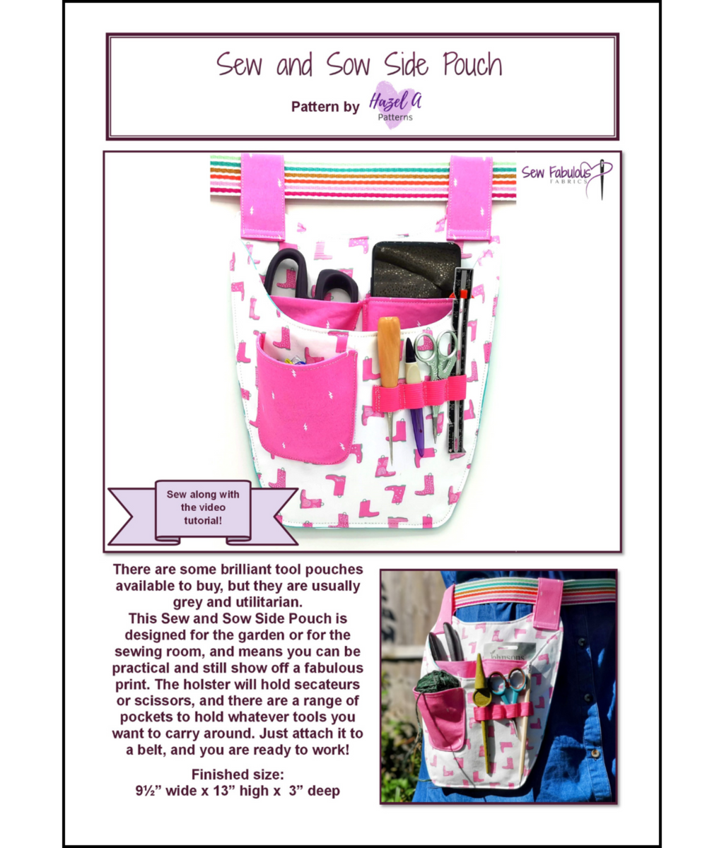 Pattern for a 'Sew and Sow Side Pouch' with product images and text.