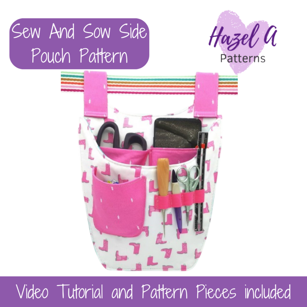 Pouch with compartments filled with sewing tools on a white background, featuring 'Hazel A Patterns' branding.