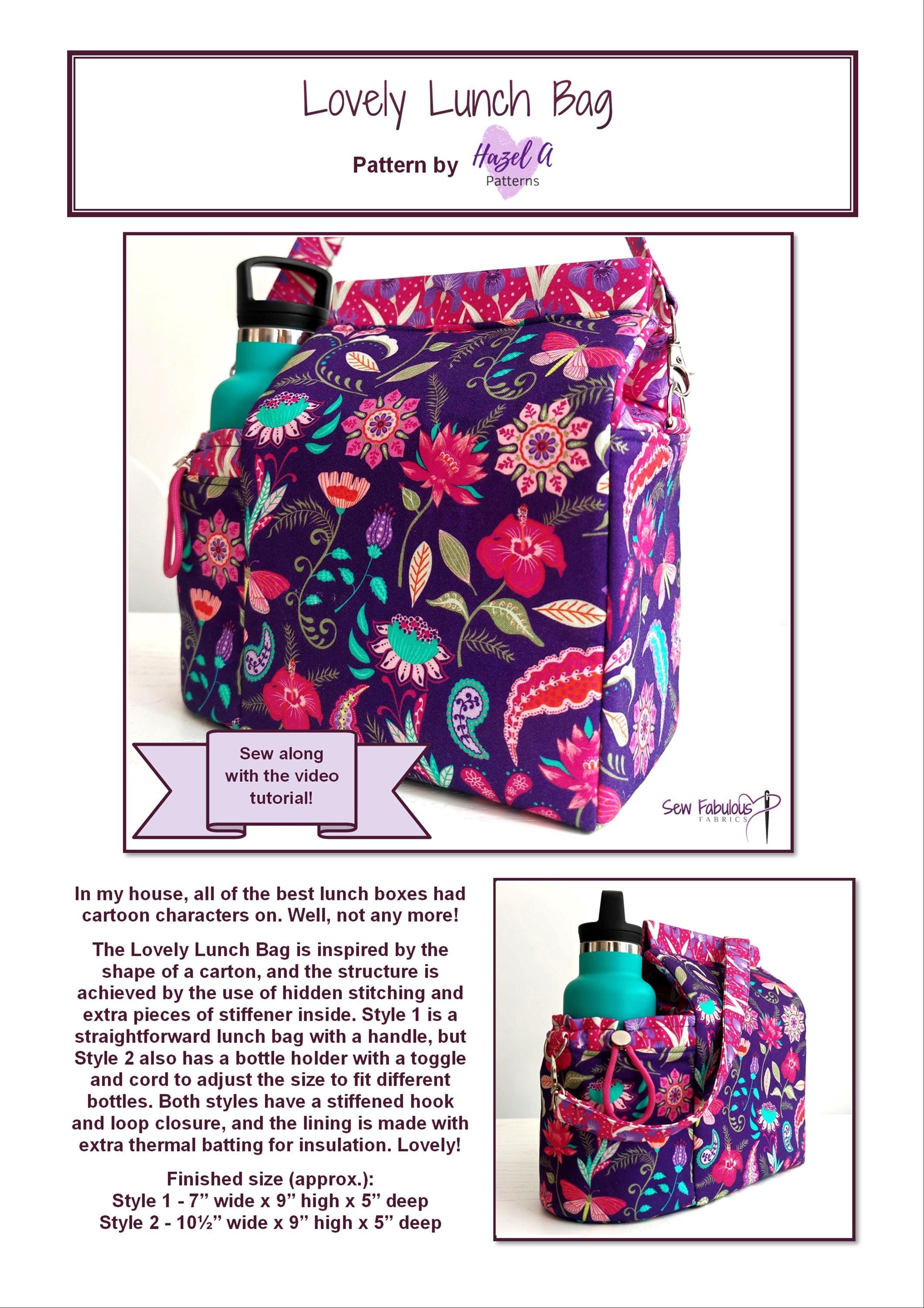 Pattern for a 'Lovely Lunch Bag' with colorful floral design 