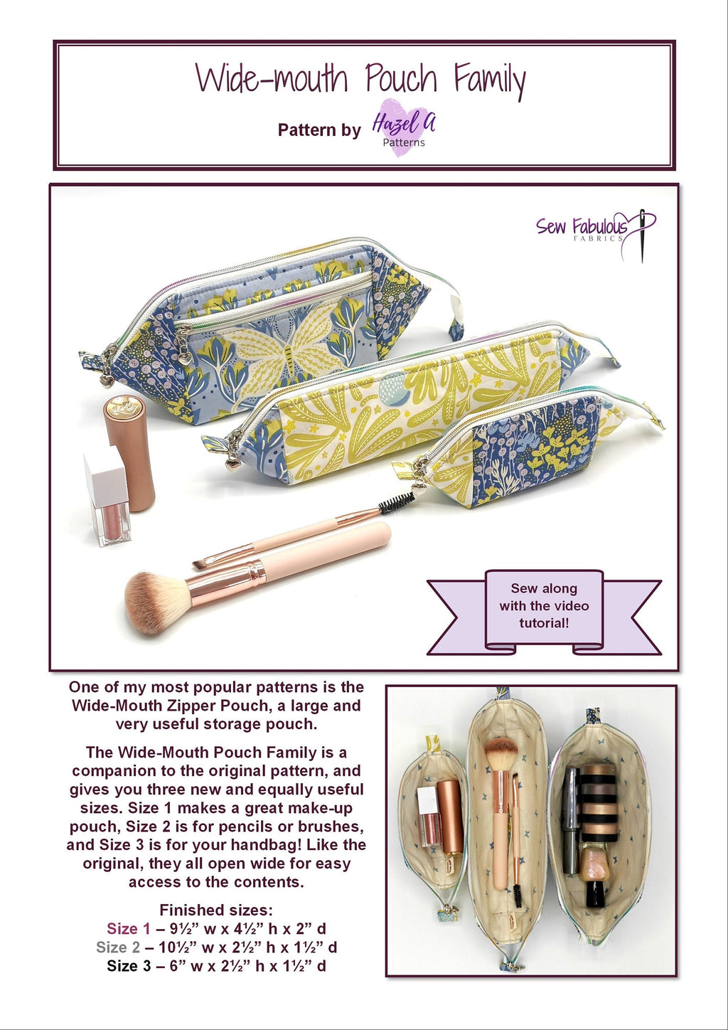 Pattern for Wide-Mouth Zipper Pouch Family with fabric swatches and product images.