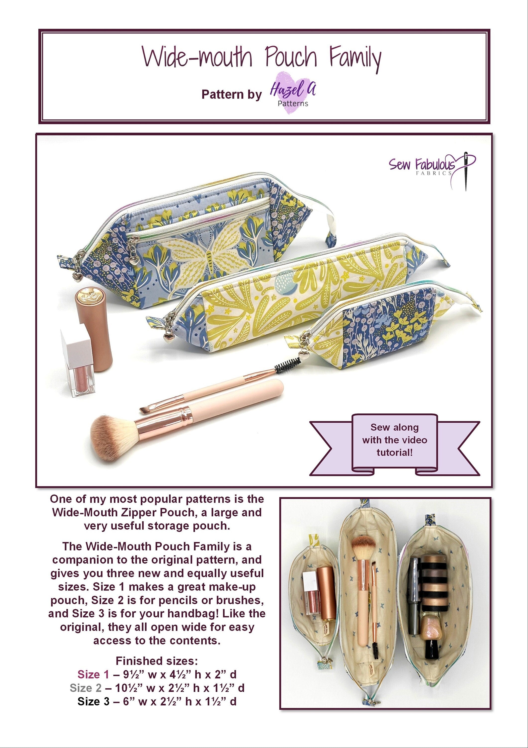 Pattern for Wide-Mouth Zipper Pouch Family with fabric swatches and product images.
