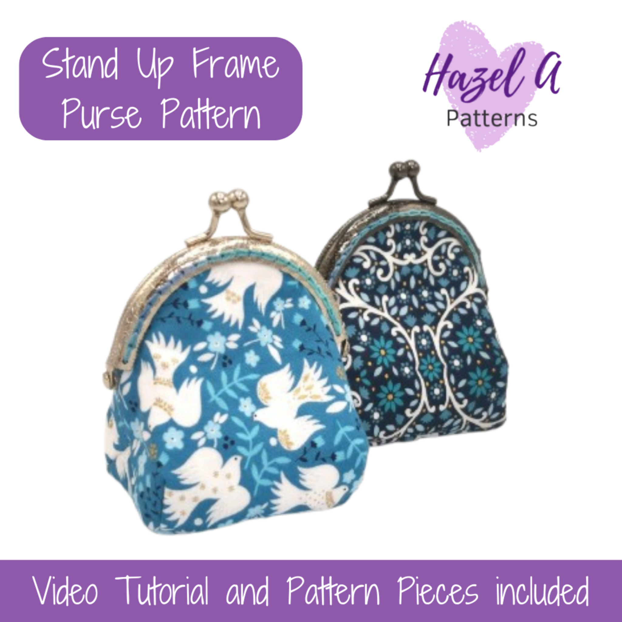 Two patterned purses with 'Hazel A Patterns' branding and text about a stand-up frame purse pattern.