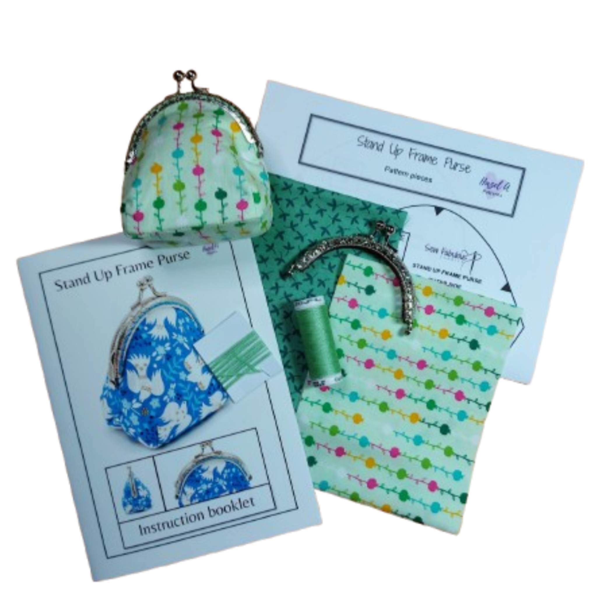 Stand-up frame purse kit with patterned purse, frame, thread, and instruction booklet 