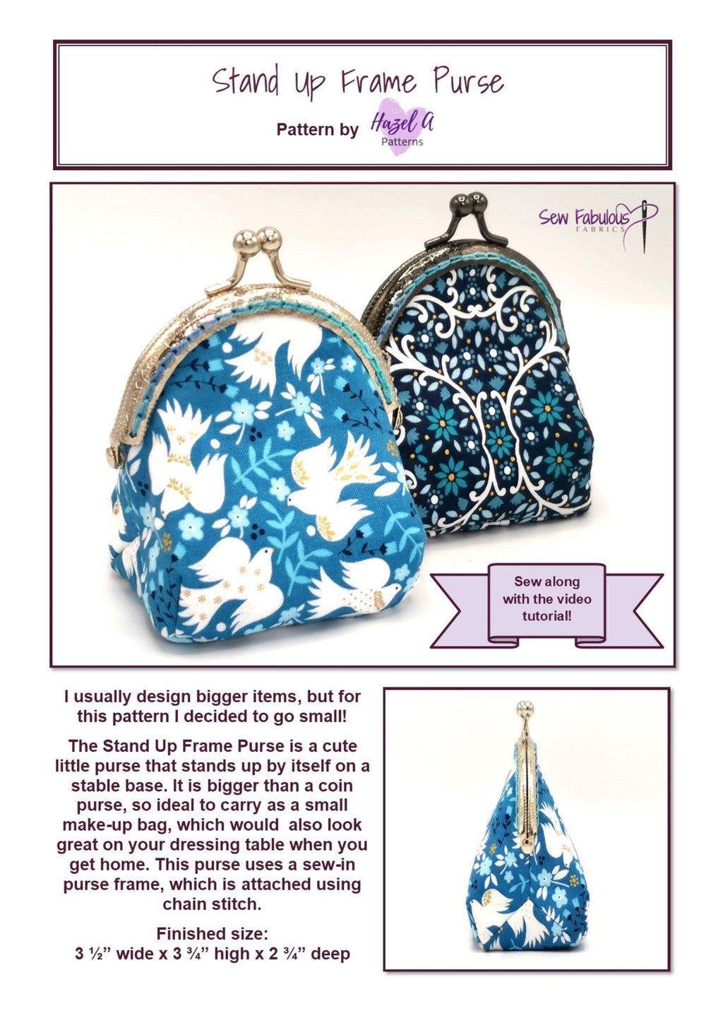 Pattern for a stand-up frame purse with blue and white floral design on a white background.