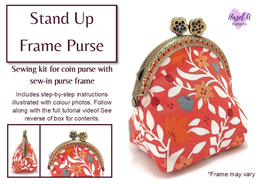 Coral floral patterned coin purse with gold frame and 'Hazel A Patterns' branding.