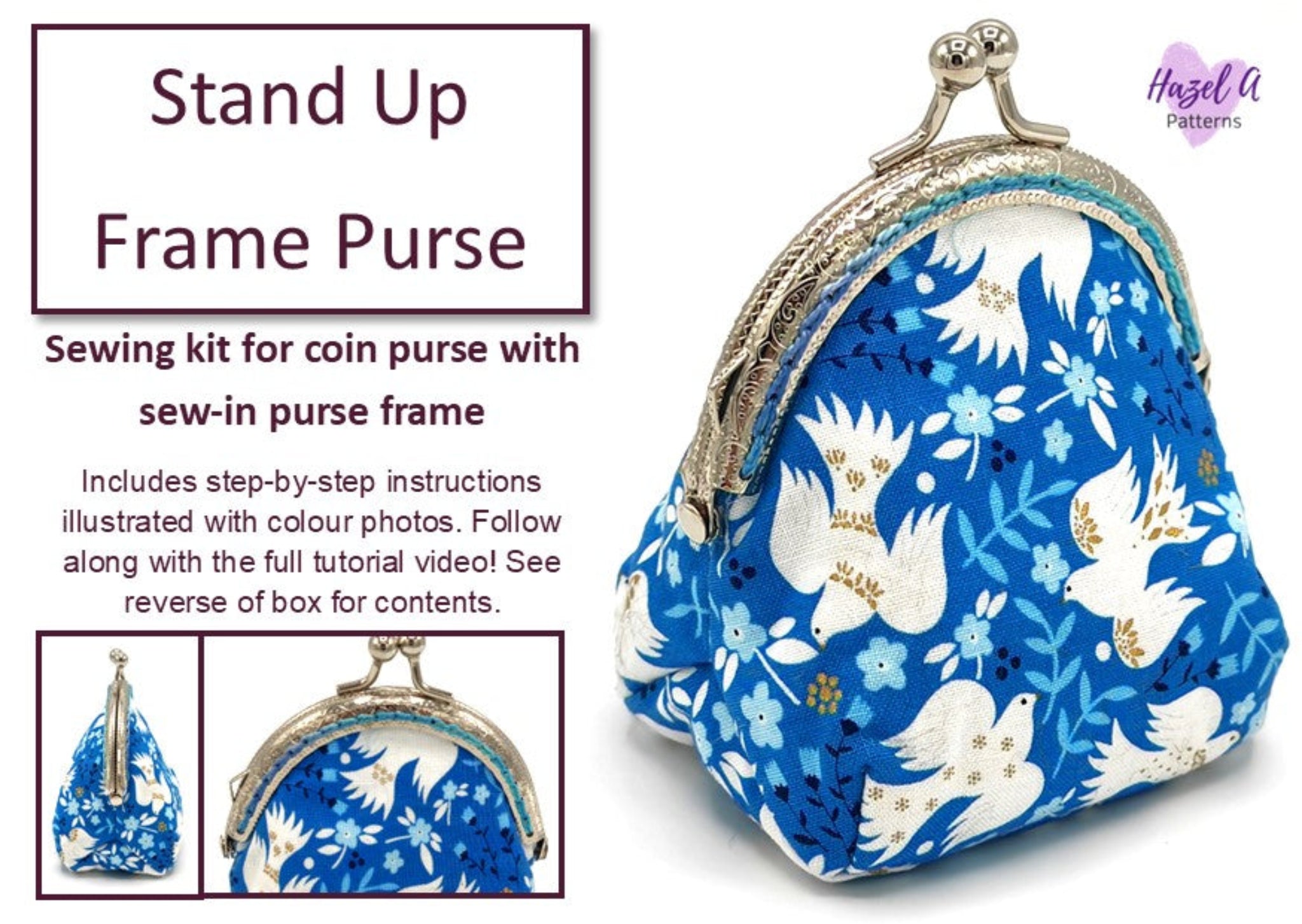 Blue floral patterned coin purse with stand-up frame, sewing kit information included.