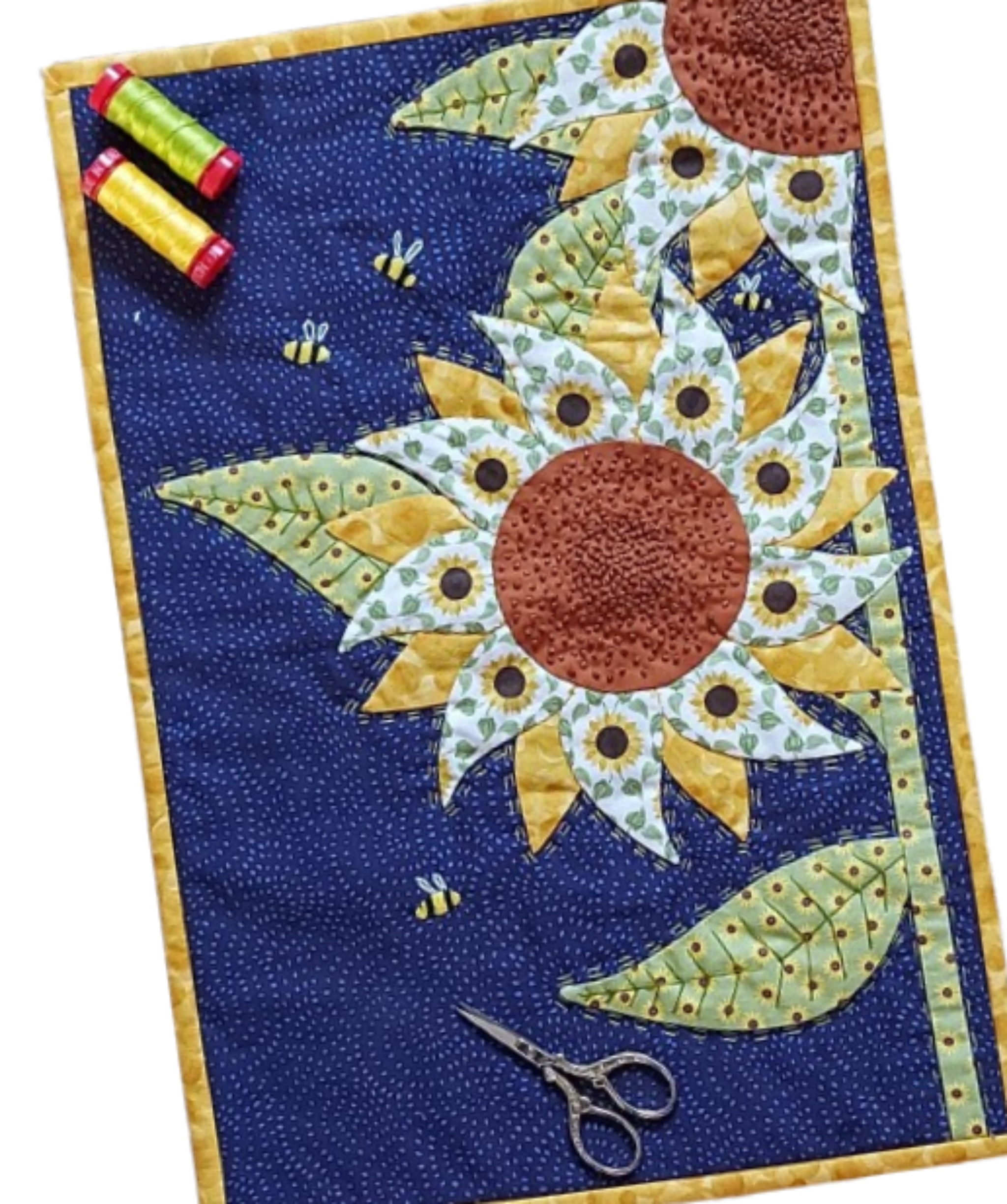 An appliqued image of two sunflowers