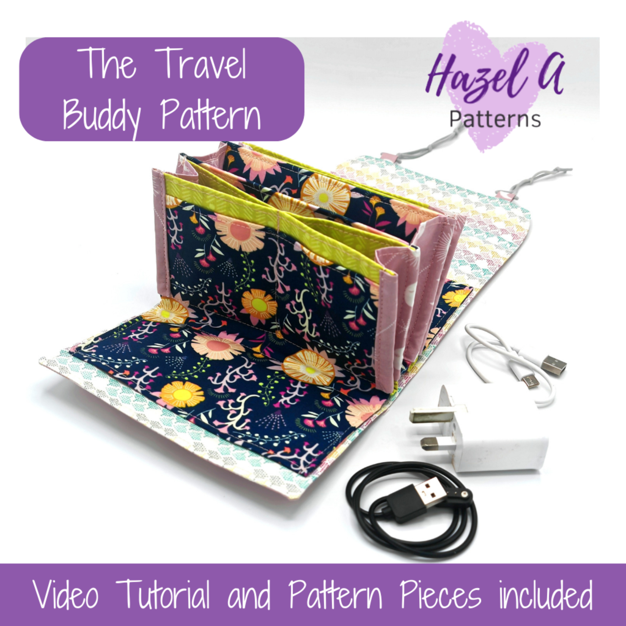 Floral patterned travel pouch with USB cables and a card on a white background, featuring Hazel A Patterns branding.