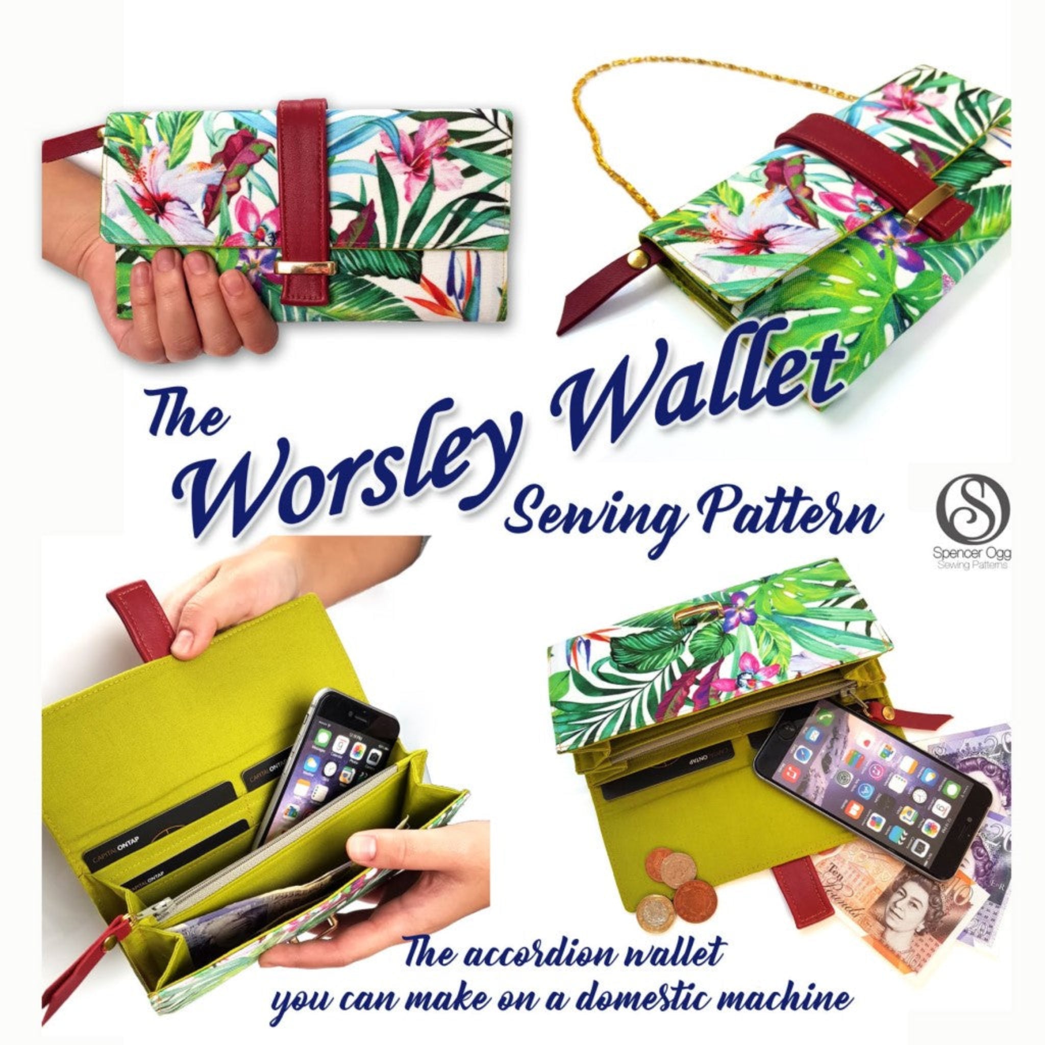 'The Worsley Sewing Pattern' showing a tropical-print accordion wallet in multiple configurations, including closed, open, and holding a phone and cash. 