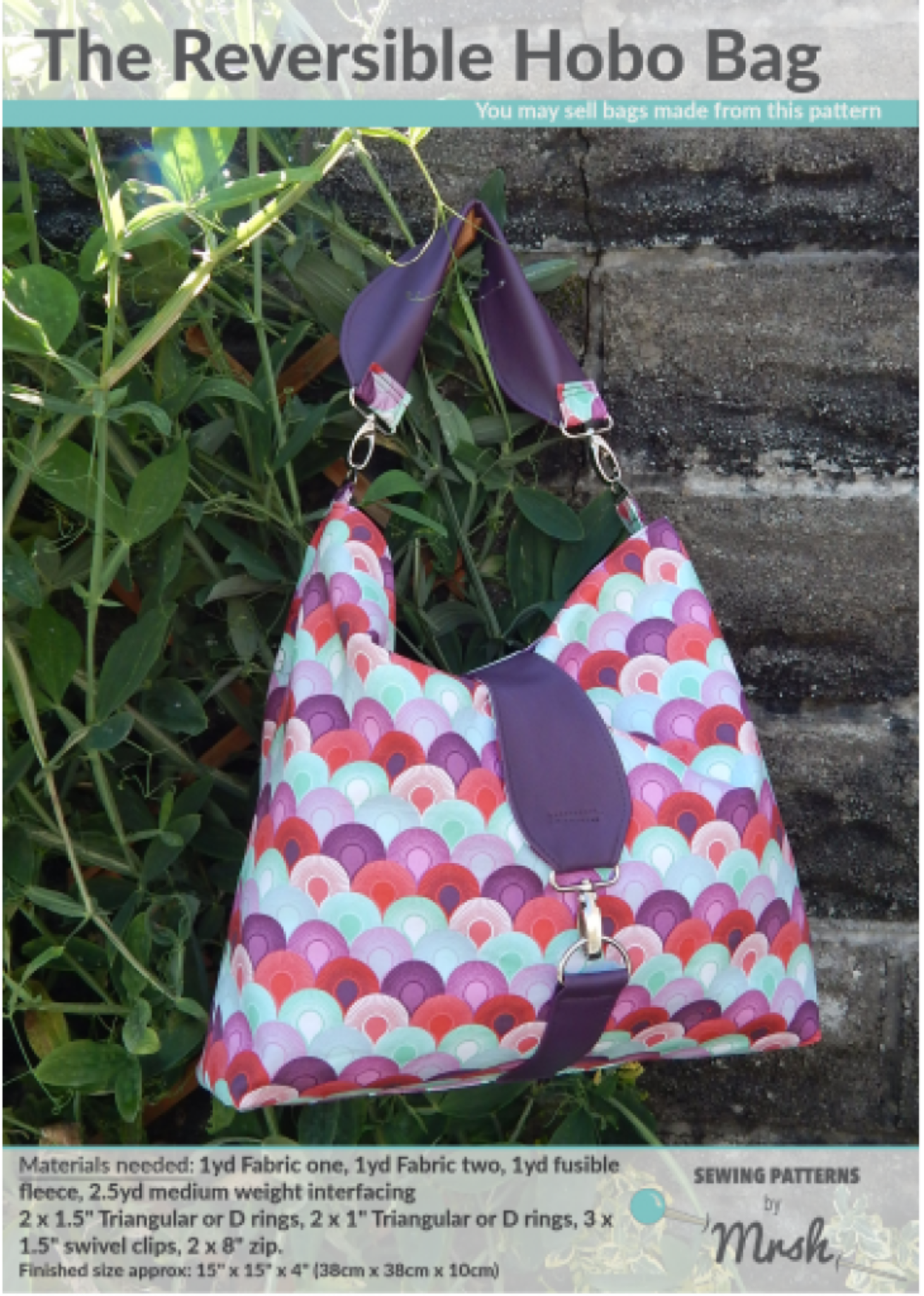 A sewing pattern for 'The Reversible Hobo Bag' by Mrs H. The cover shows a printed fabric bag with a colorful scallop pattern in pink, purple, and blue, with solid purple straps and a purple front flap.