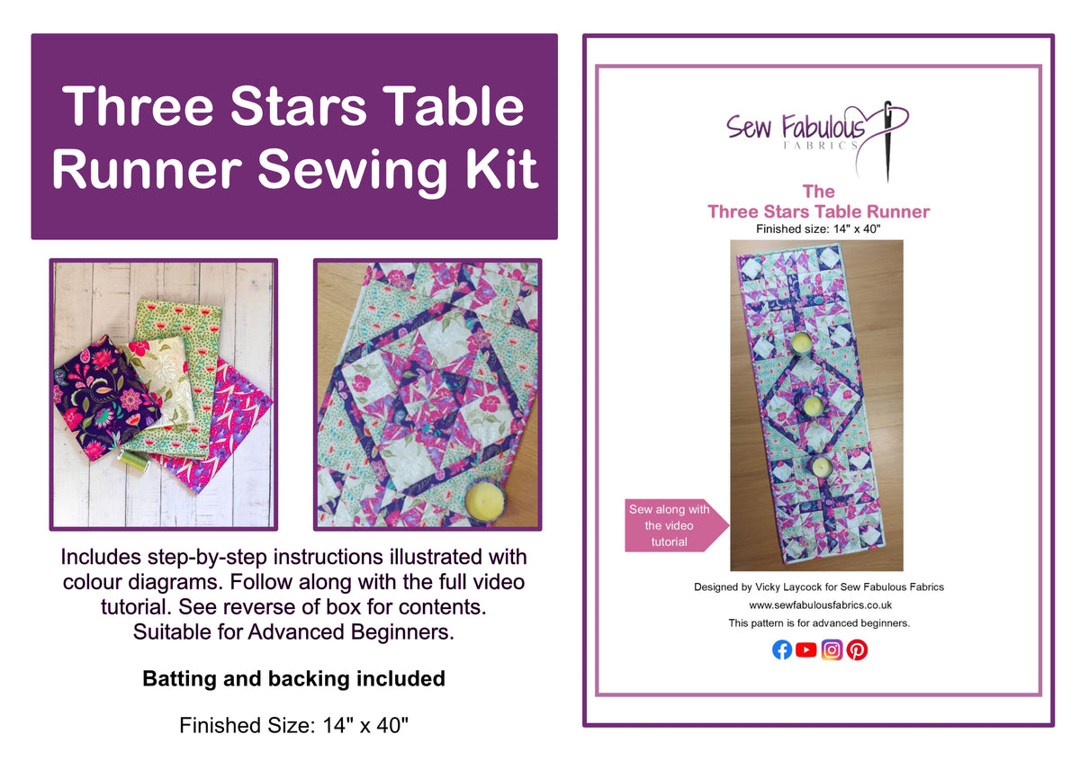 Promotional graphic for the 'Three Stars Table Runner Sewing Kit' by Sew Fabulous Fabrics. The left side features a purple header and text detailing the contents of the sewing kit, including fabrics, and step-by-step instructions.