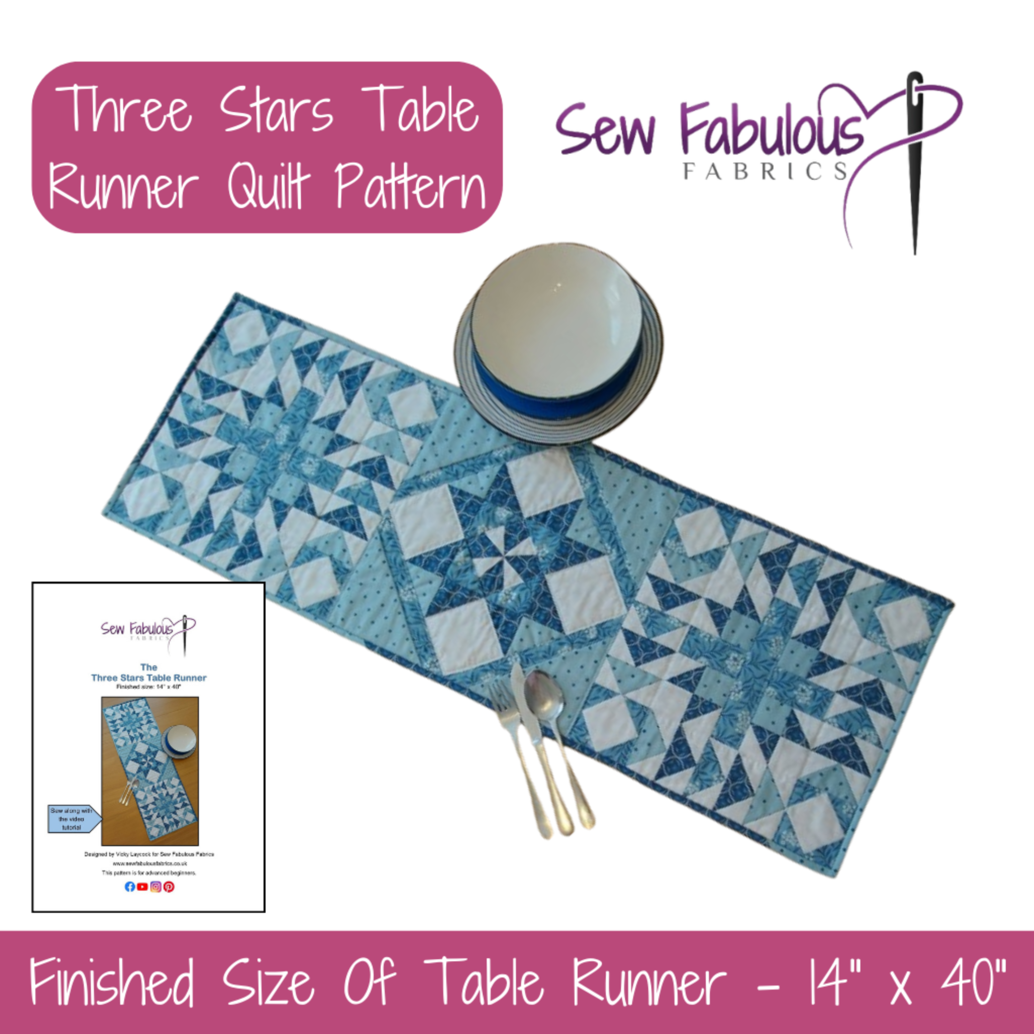Three Stars Table Runner Quilt Pattern by Sew Fabulous Fabrics with a completed table runner.