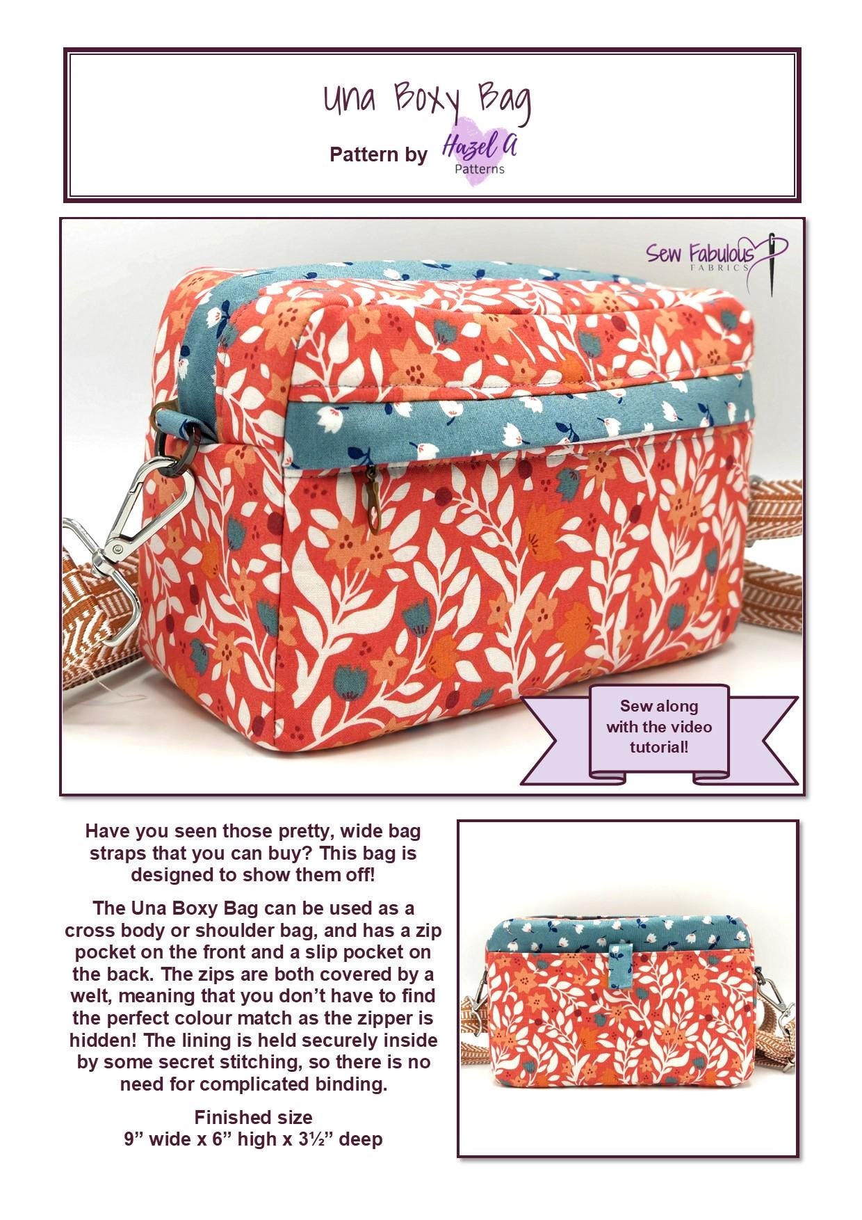 Pattern for a 'Una Boxy Bag' with fabric design and sewing information.