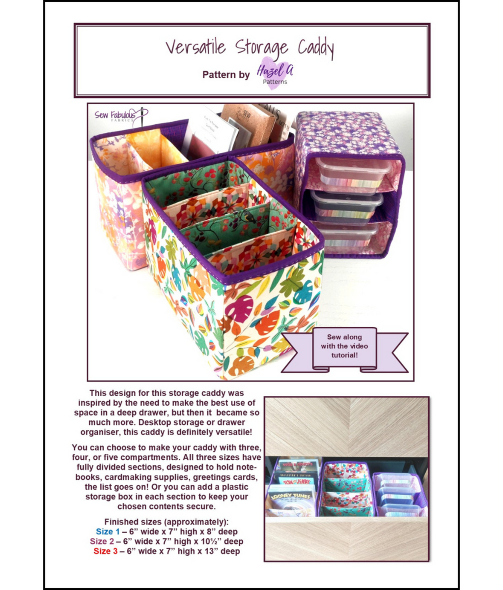 Pattern for a versatile storage caddy with colorful design and text on a white background