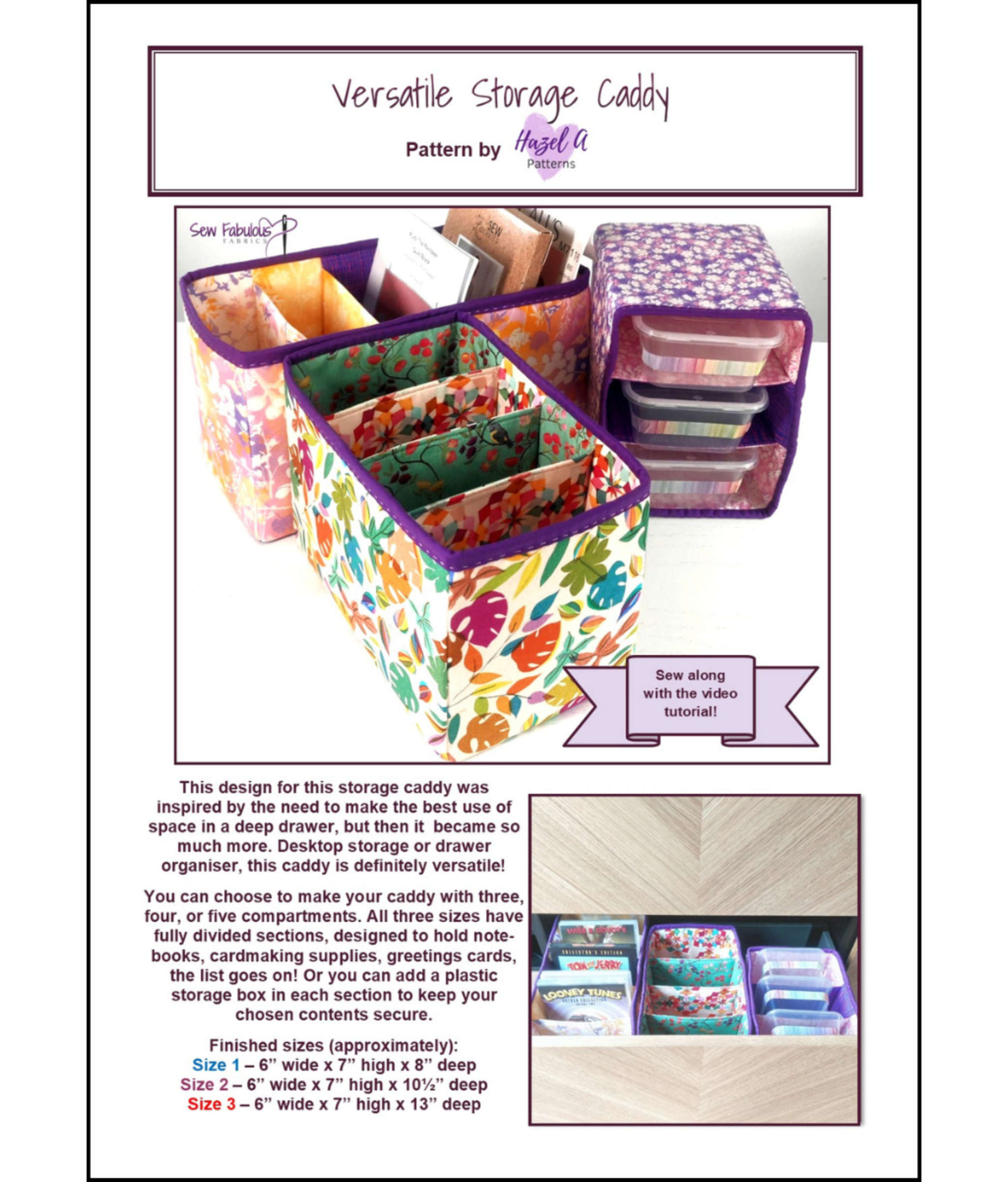 Pattern for a versatile storage caddy with colorful design and text on a white background