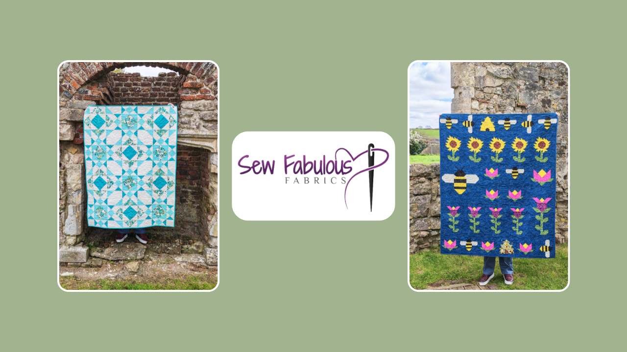 Two quilts displayed outdoors with 'Sew Fabulous Fabrics' logo in the center.