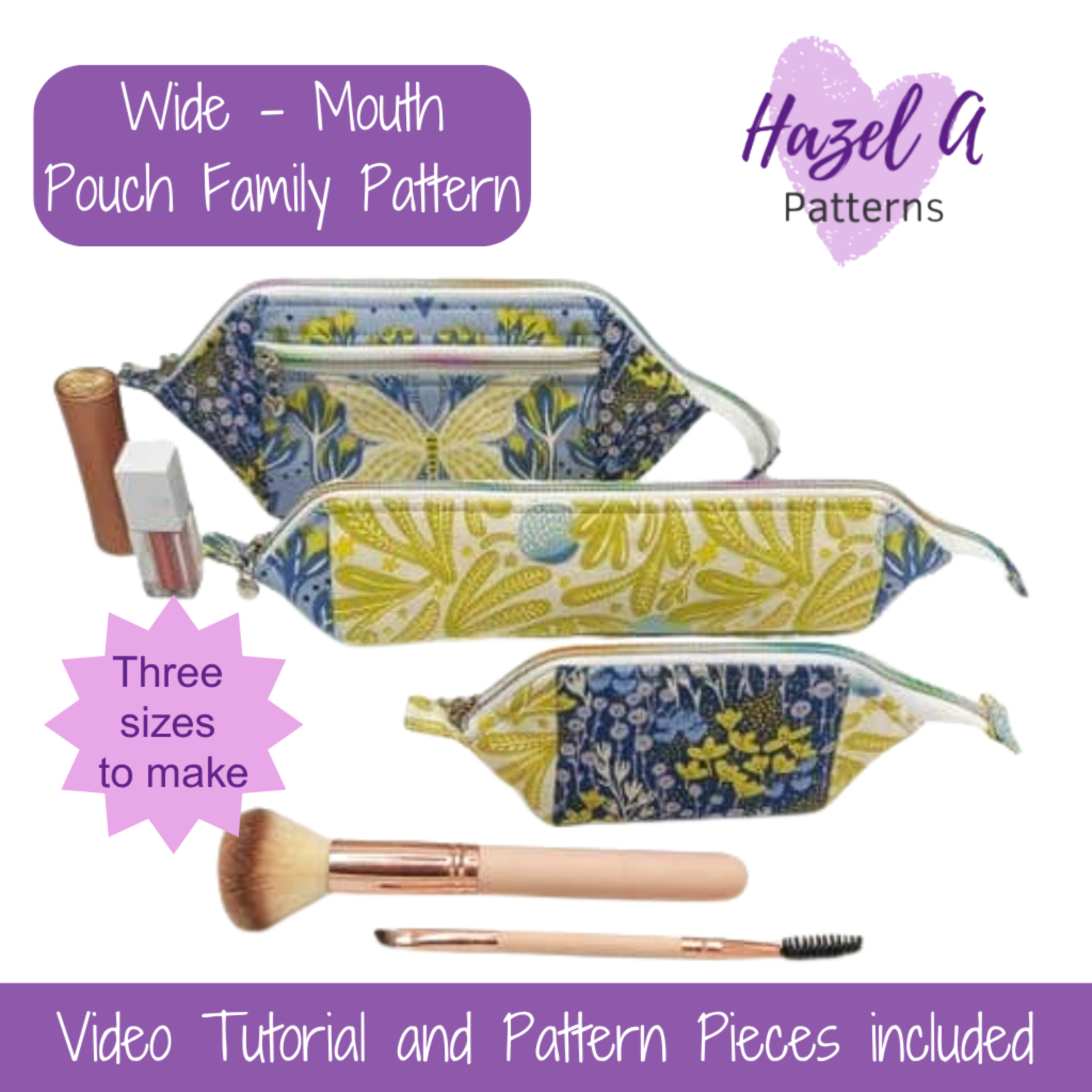 Three floral-patterned pouches with makeup brushes and lip balm on a white background, featuring Hazel A Patterns branding.