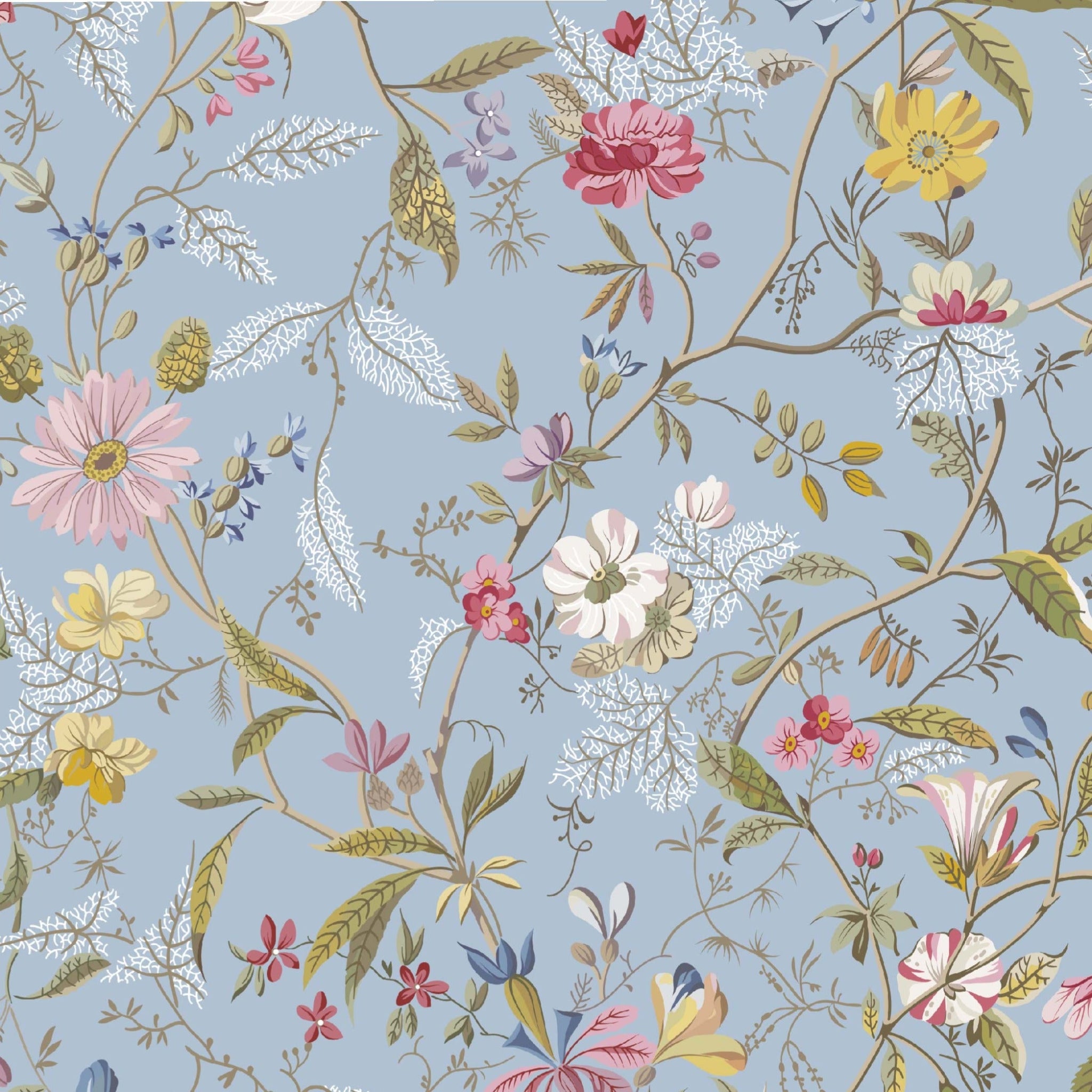 A repeating floral pattern on a light blue background, featuring pink, yellow, white, and red flowers with green and gold leaves and stems.