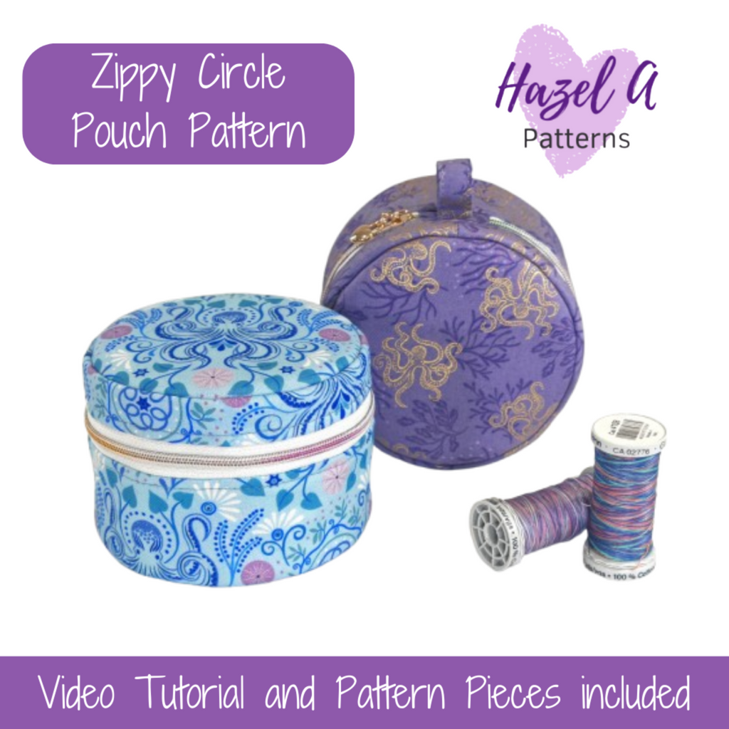 Zippy Circle Pouch Pattern by Hazel A Patterns with two pouches and spools of thread on a white background.