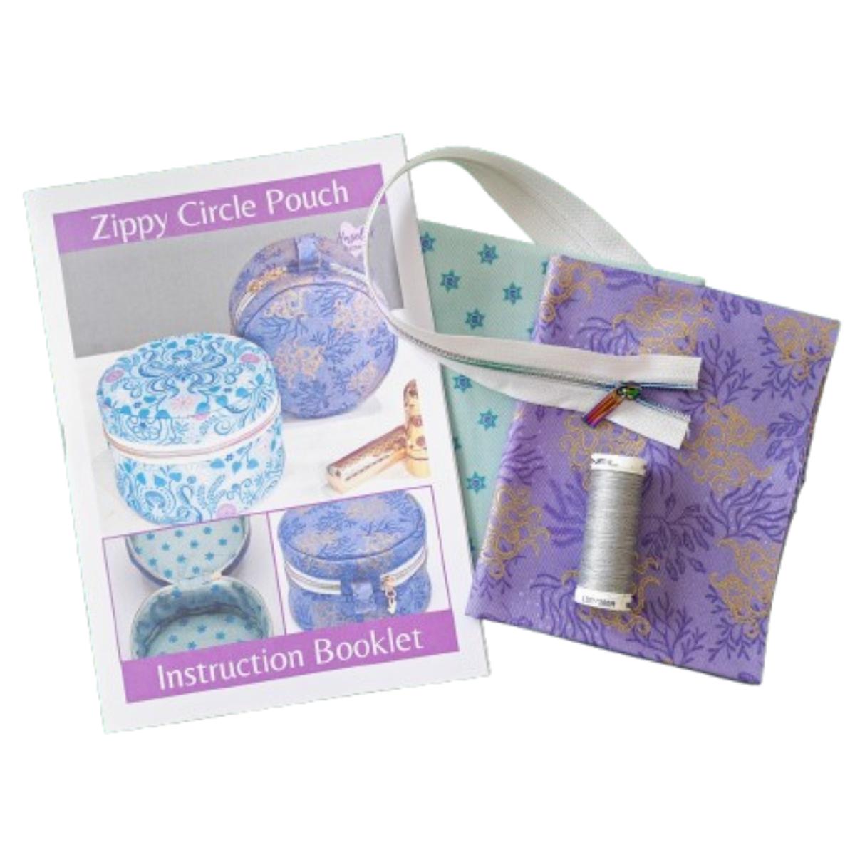 A sewing or crafting kit showing a 'Zippy Circle Pouch' instruction booklet, purple fabric with a gold pattern, light aqua fabric,  a white zipper, and a spool of thread.