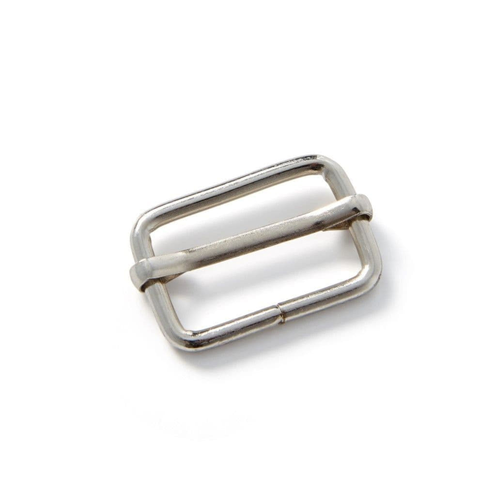 Silver metal buckle on a white background